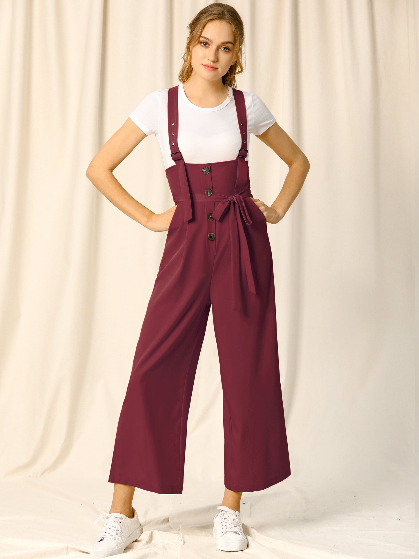 Women's Wide Leg Overalls Loose Fit Belted High Waist Suspenders Jumpsuits
