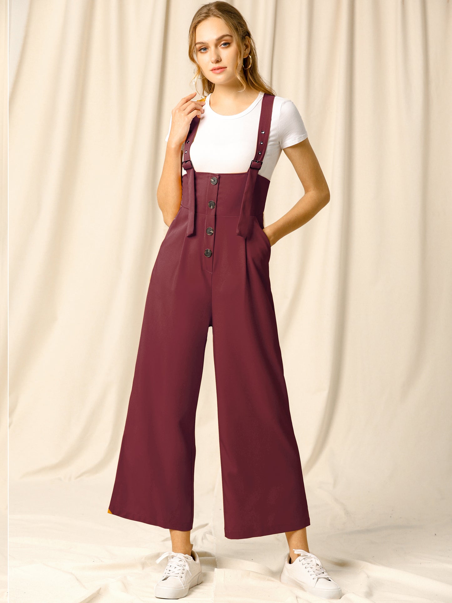 Women's Wide Leg Overalls Loose Fit Belted High Waist Suspenders Jumpsuits
