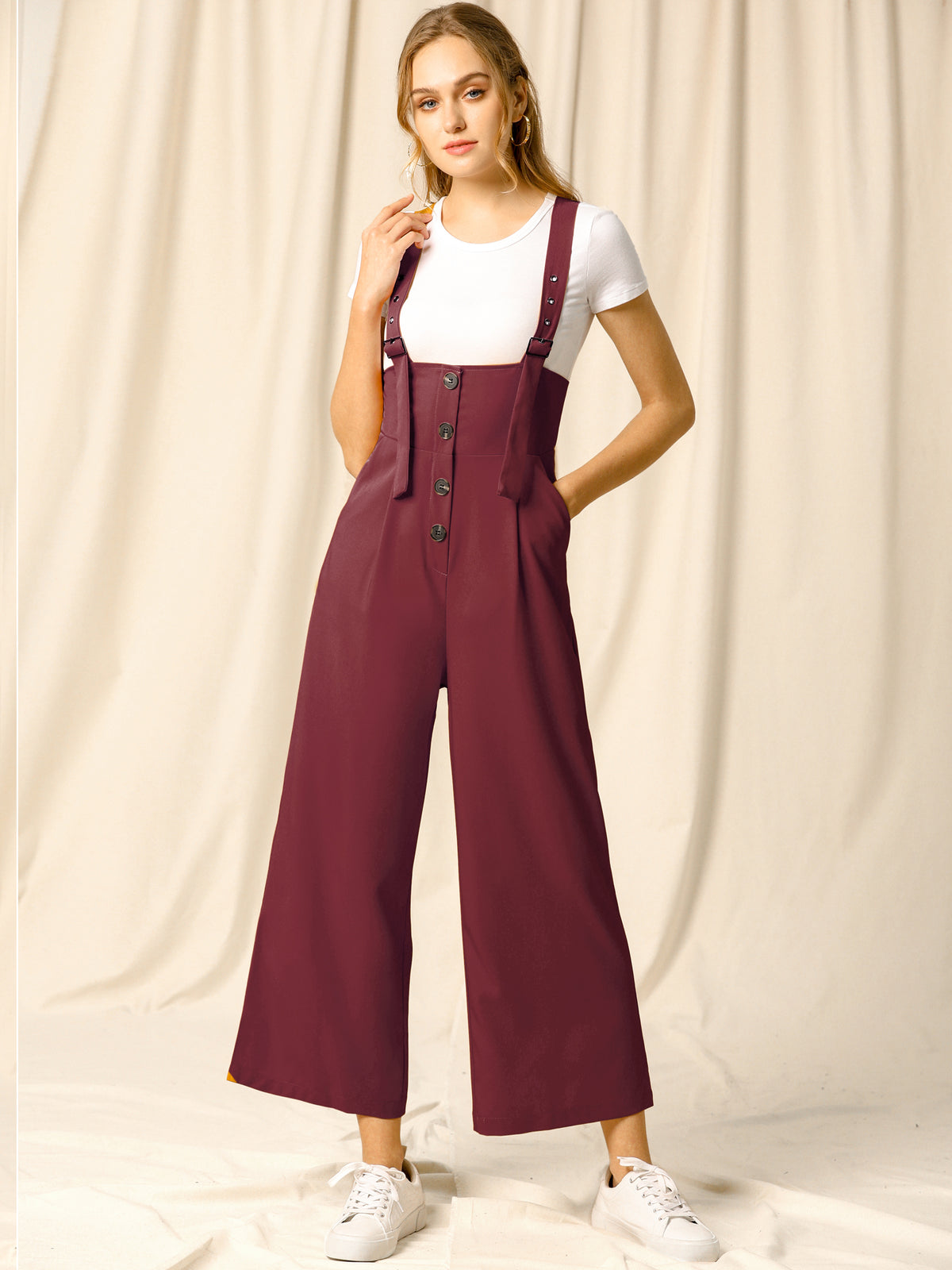 Women's Wide Leg Overalls Loose Fit Belted High Waist Suspenders Jumpsuits