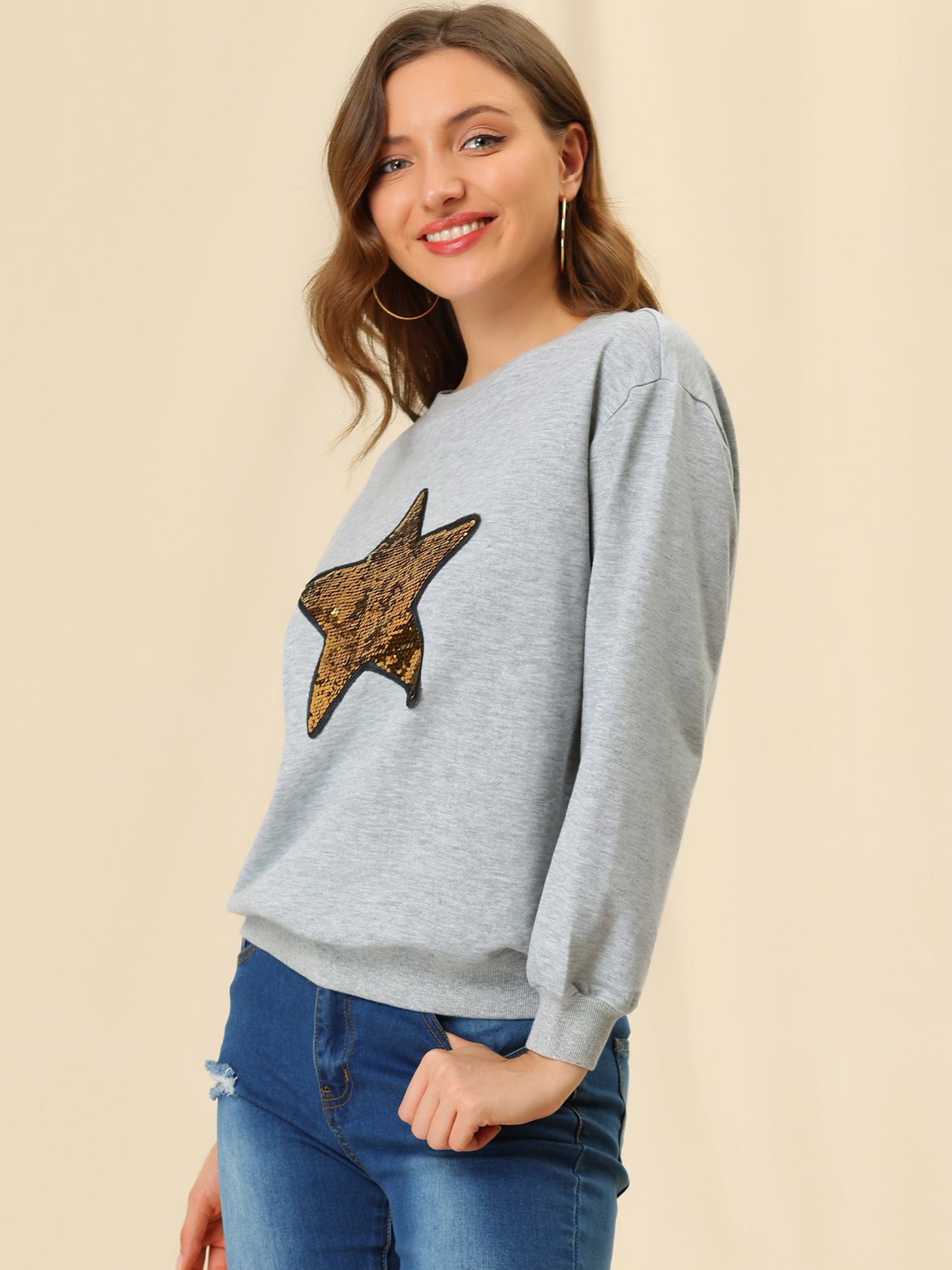 Women's Sequin Shiny Star Crew Neck Long Sleeve Sweatshirt Top