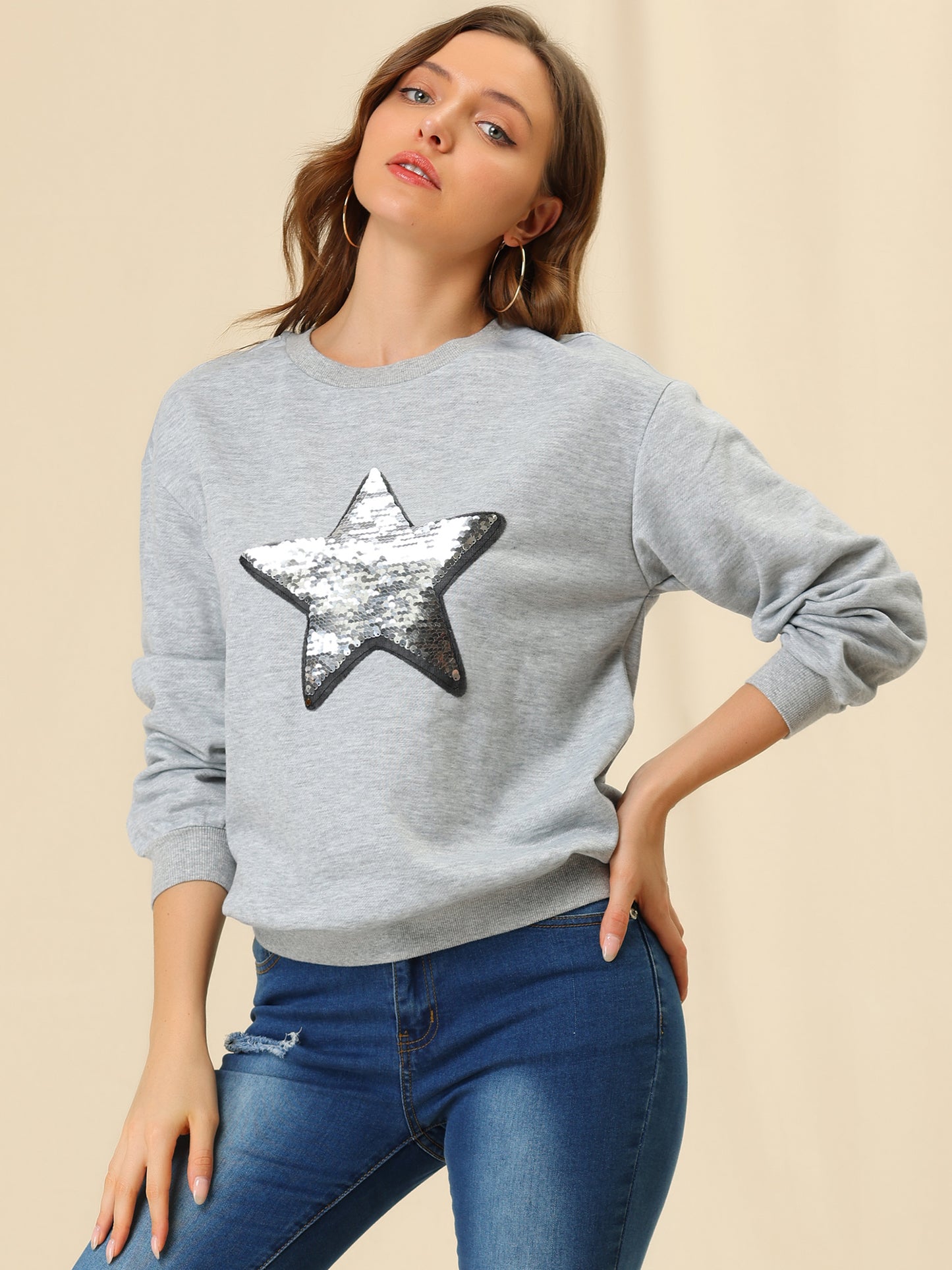 Women's Sequin Shiny Star Crew Neck Long Sleeve Sweatshirt Top