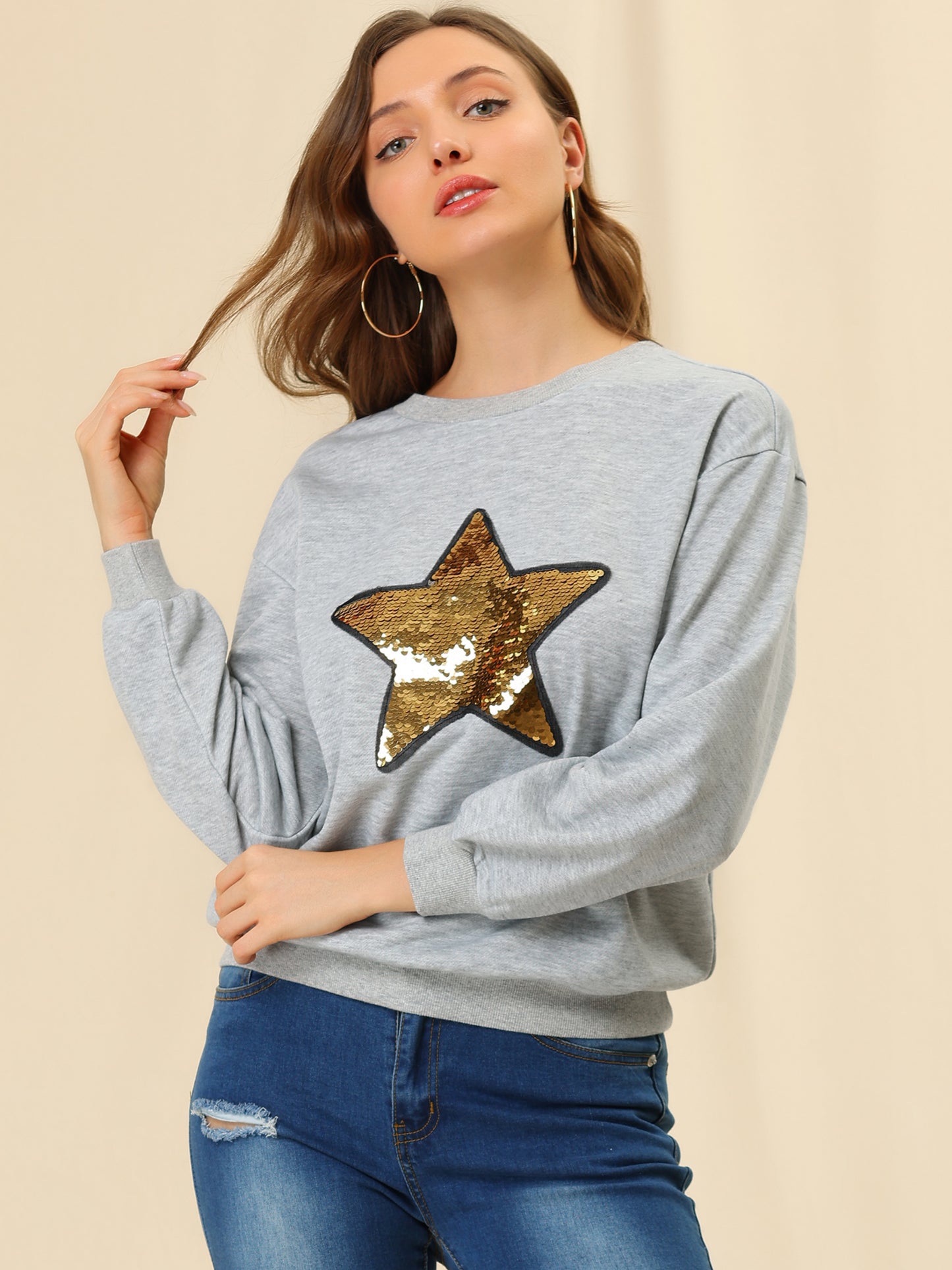 Women's Sequin Shiny Star Crew Neck Long Sleeve Sweatshirt Top