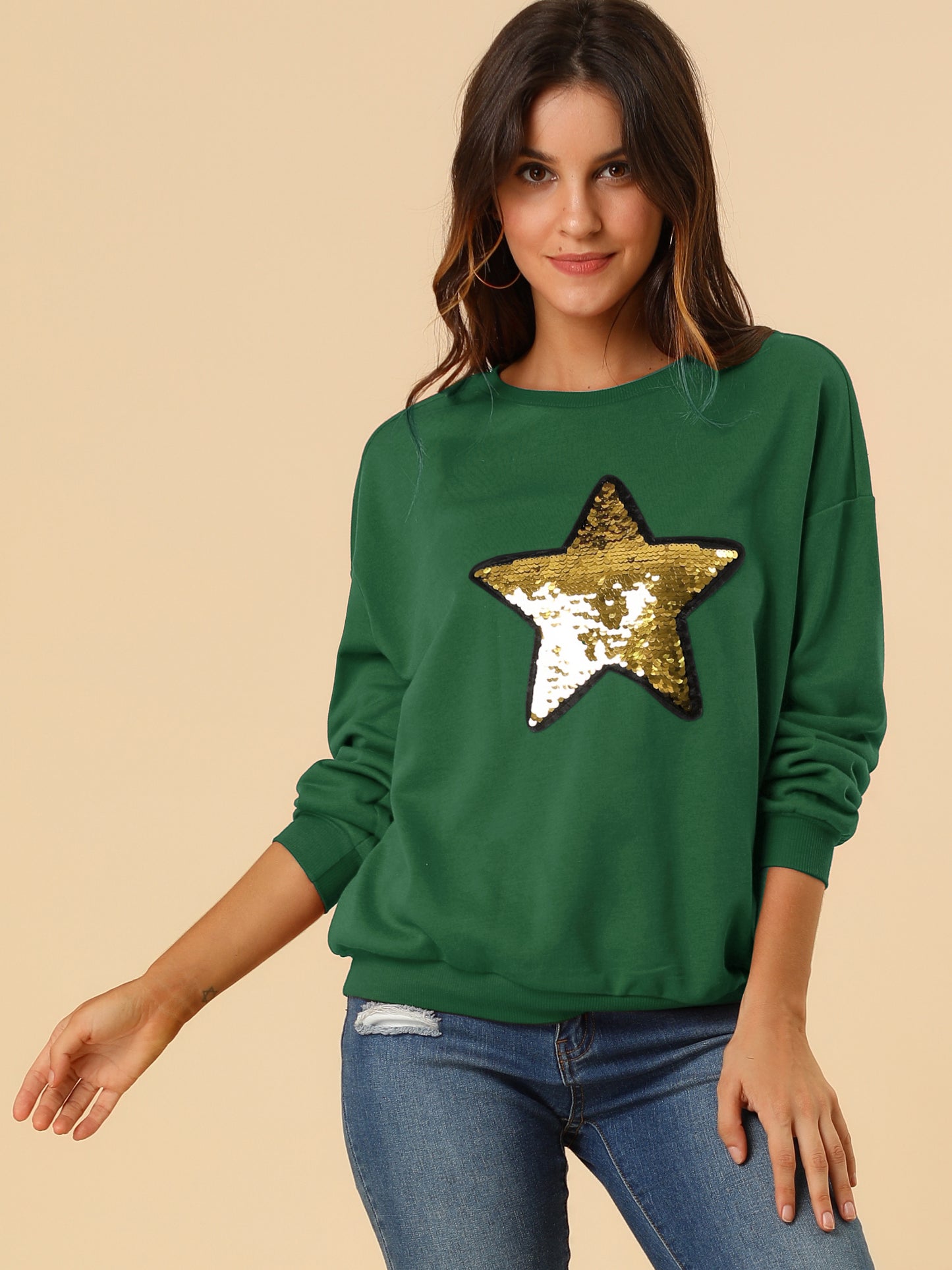 Women's Sequin Shiny Star Crew Neck Long Sleeve Sweatshirt Top