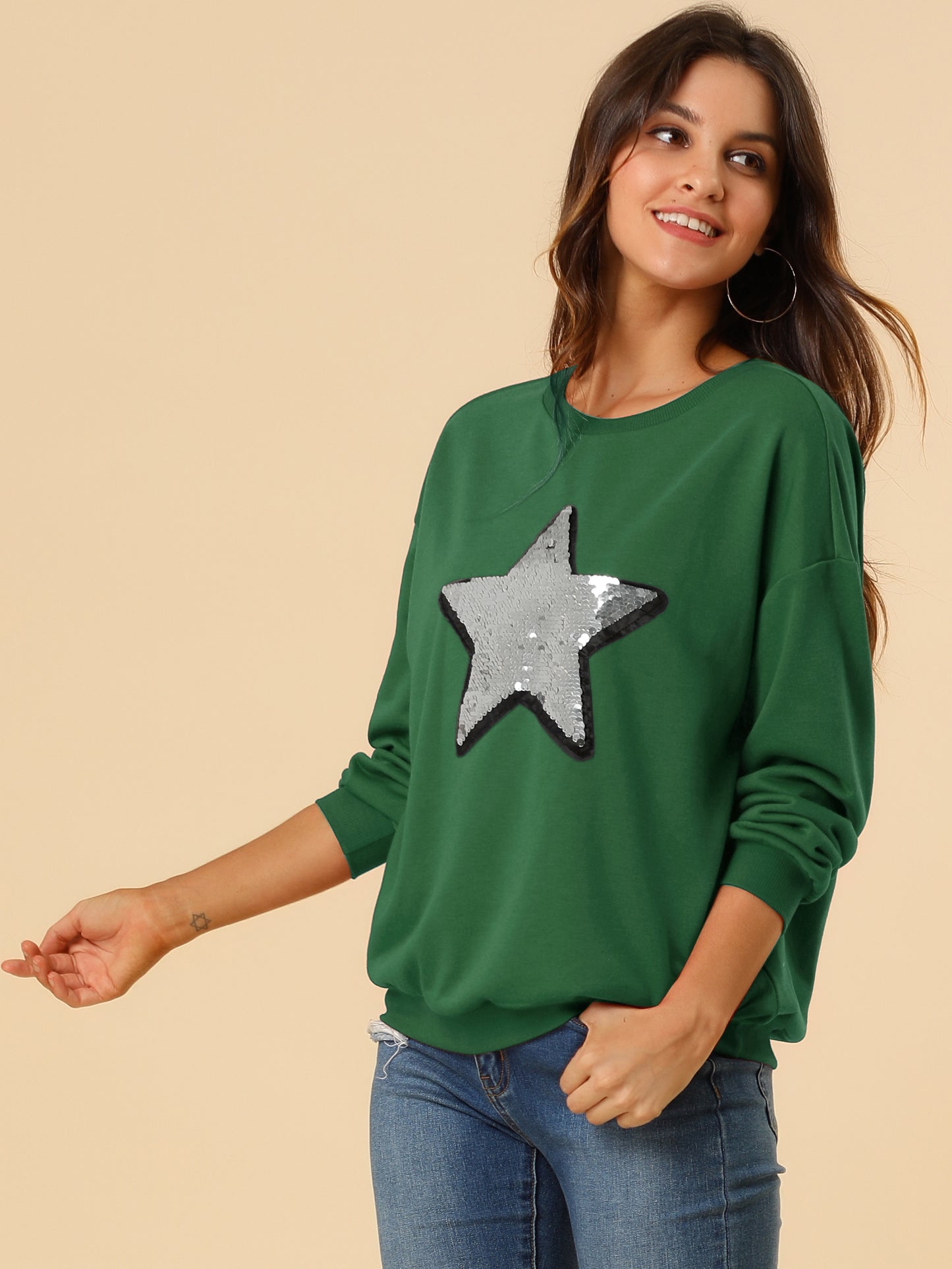 Women's Sequin Shiny Star Crew Neck Long Sleeve Sweatshirt Top
