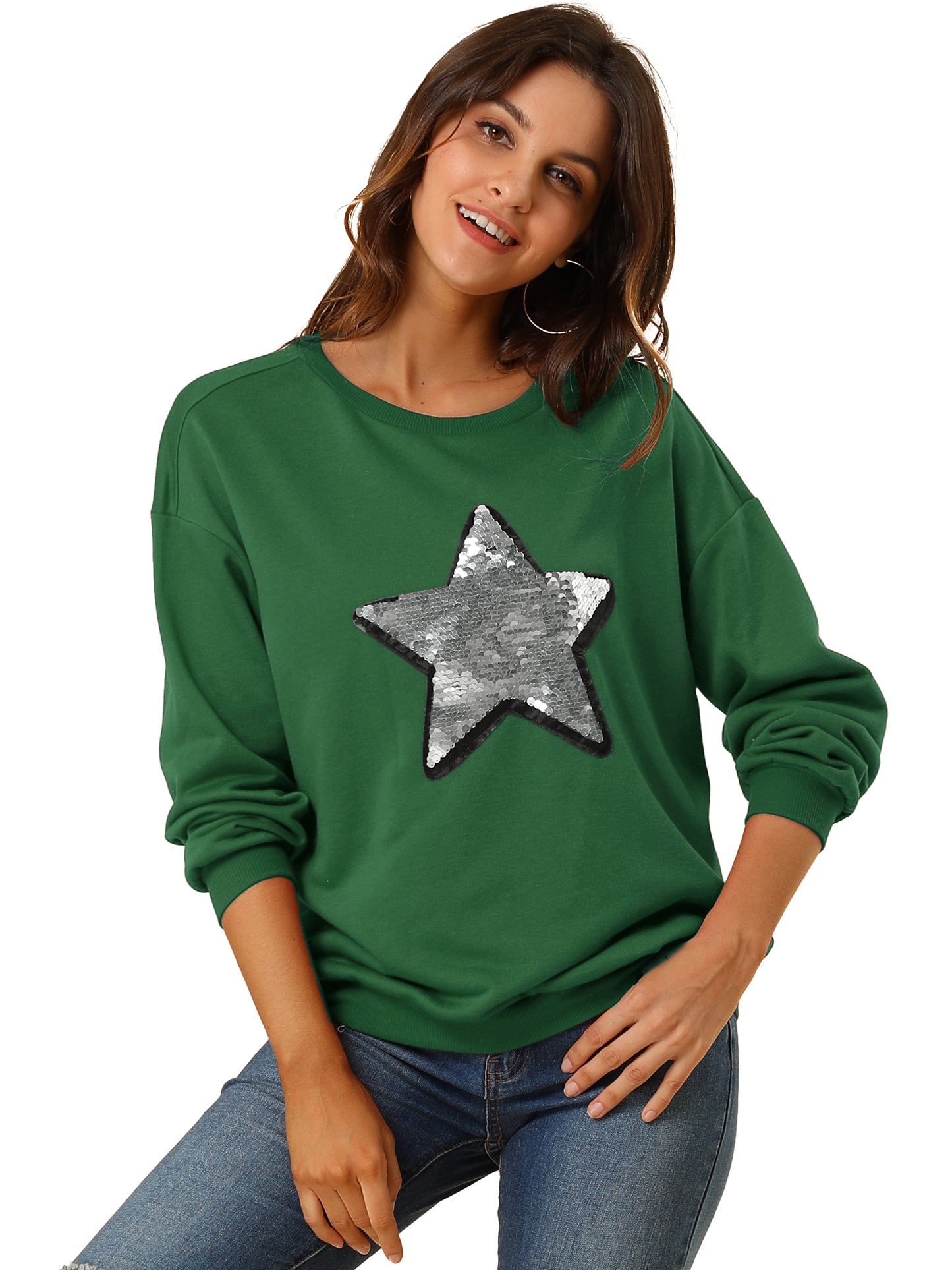 Women's Sequin Shiny Star Crew Neck Long Sleeve Sweatshirt Top