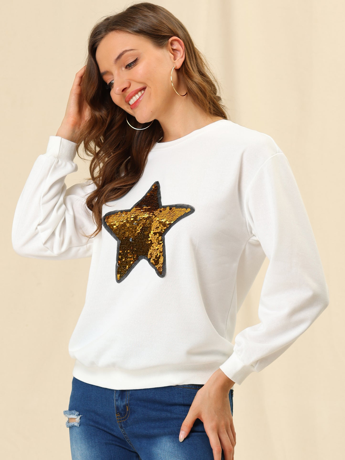 Women's Sequin Shiny Star Crew Neck Long Sleeve Sweatshirt Top