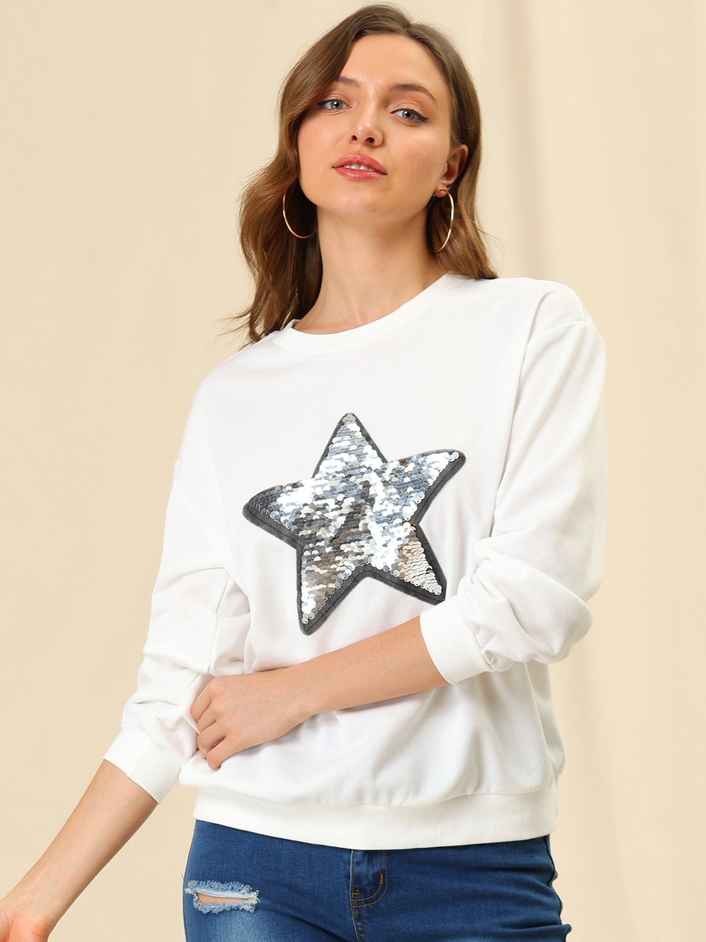 Women's Sequin Shiny Star Crew Neck Long Sleeve Sweatshirt Top