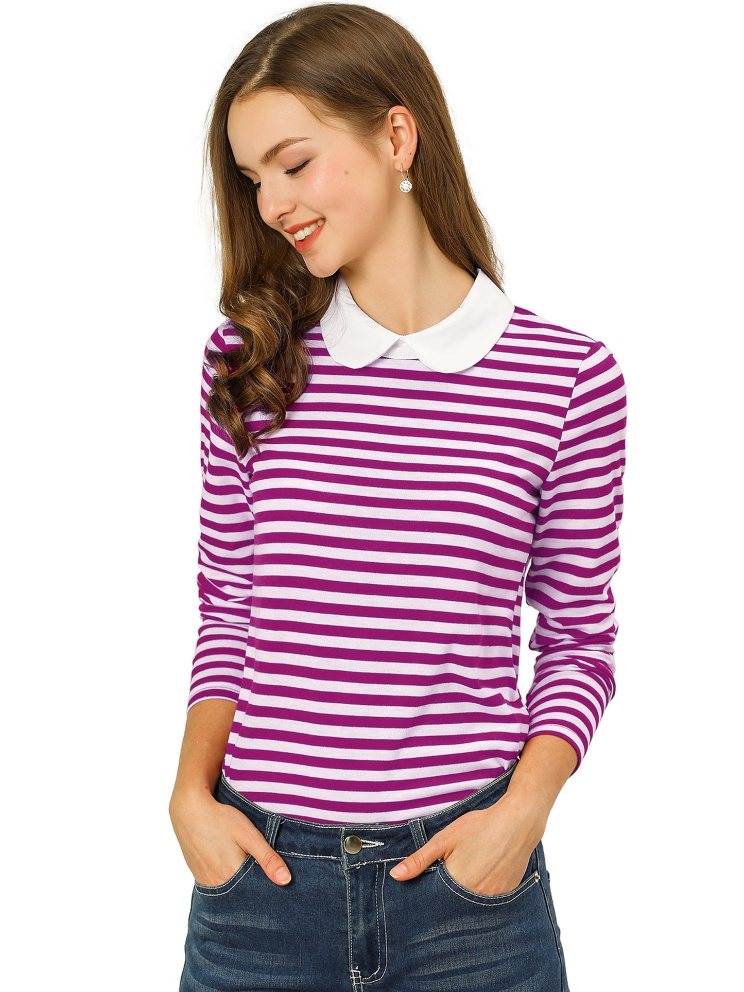 Women's Contrast Collar Long Sleeves Peter Pan Collar Striped Shirt Top