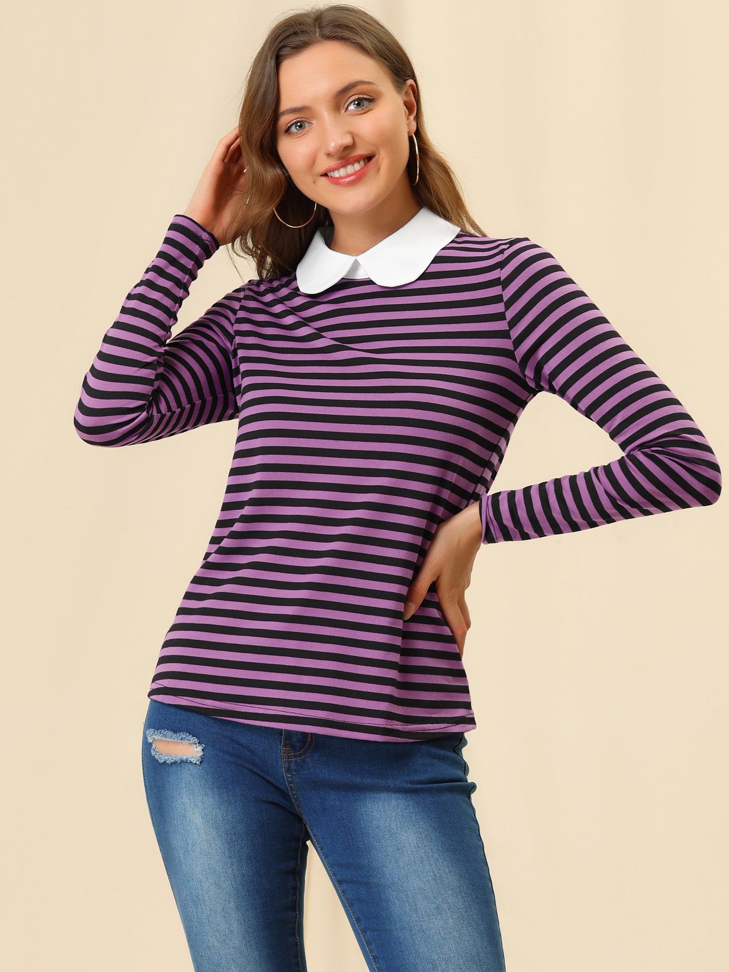 Women's Contrast Collar Long Sleeves Peter Pan Collar Striped Shirt Top