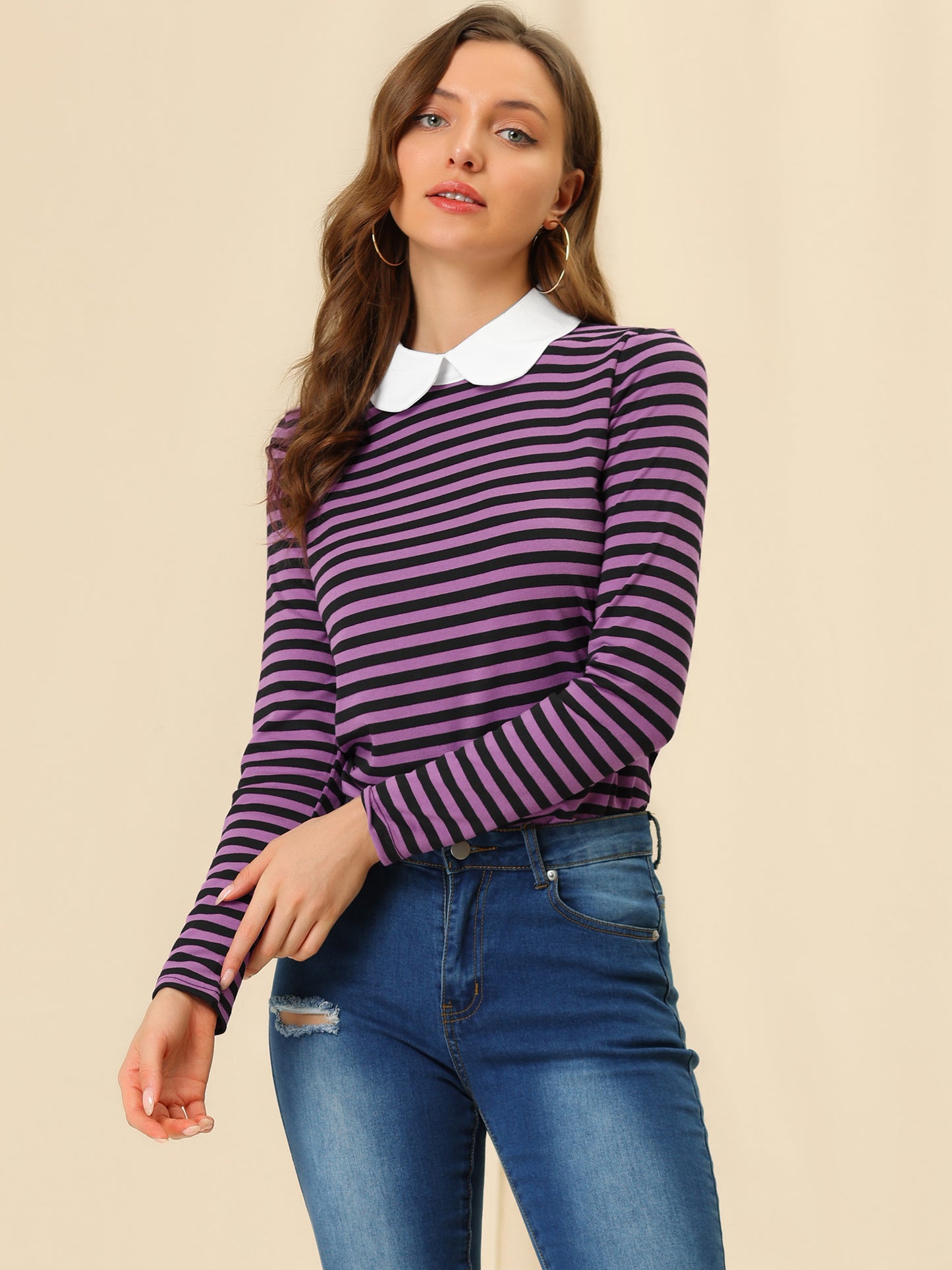 Women's Contrast Collar Long Sleeves Peter Pan Collar Striped Shirt Top
