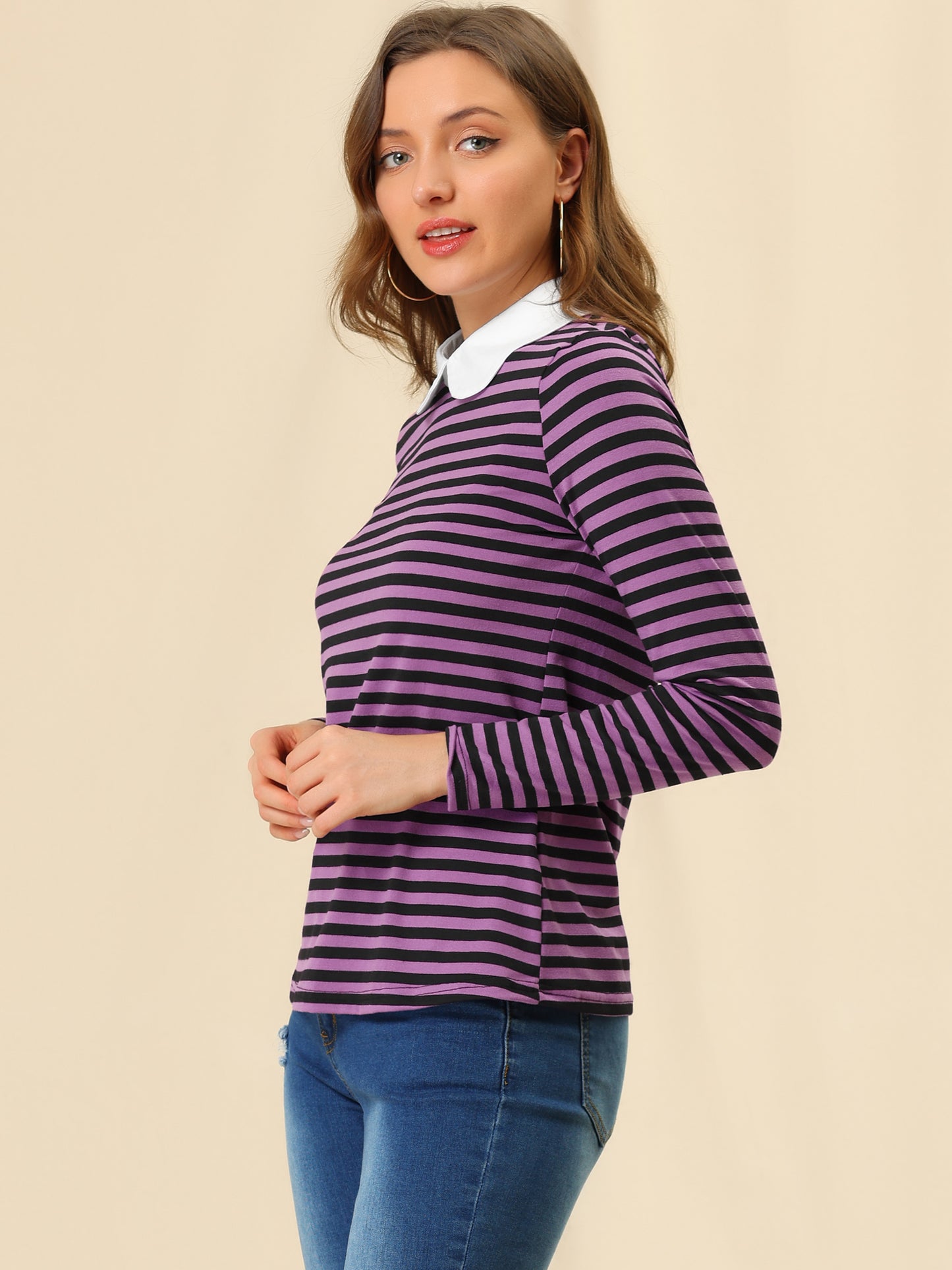 Women's Contrast Collar Long Sleeves Peter Pan Collar Striped Shirt Top