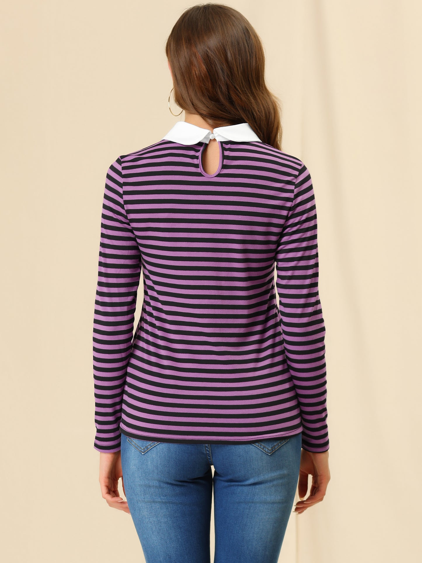 Women's Contrast Collar Long Sleeves Peter Pan Collar Striped Shirt Top