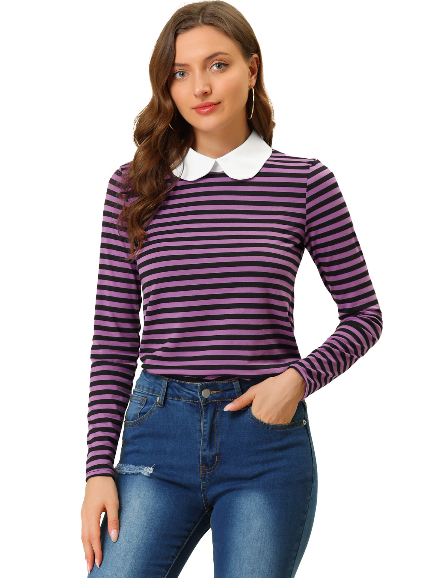 Women's Contrast Collar Long Sleeves Peter Pan Collar Striped Shirt Top