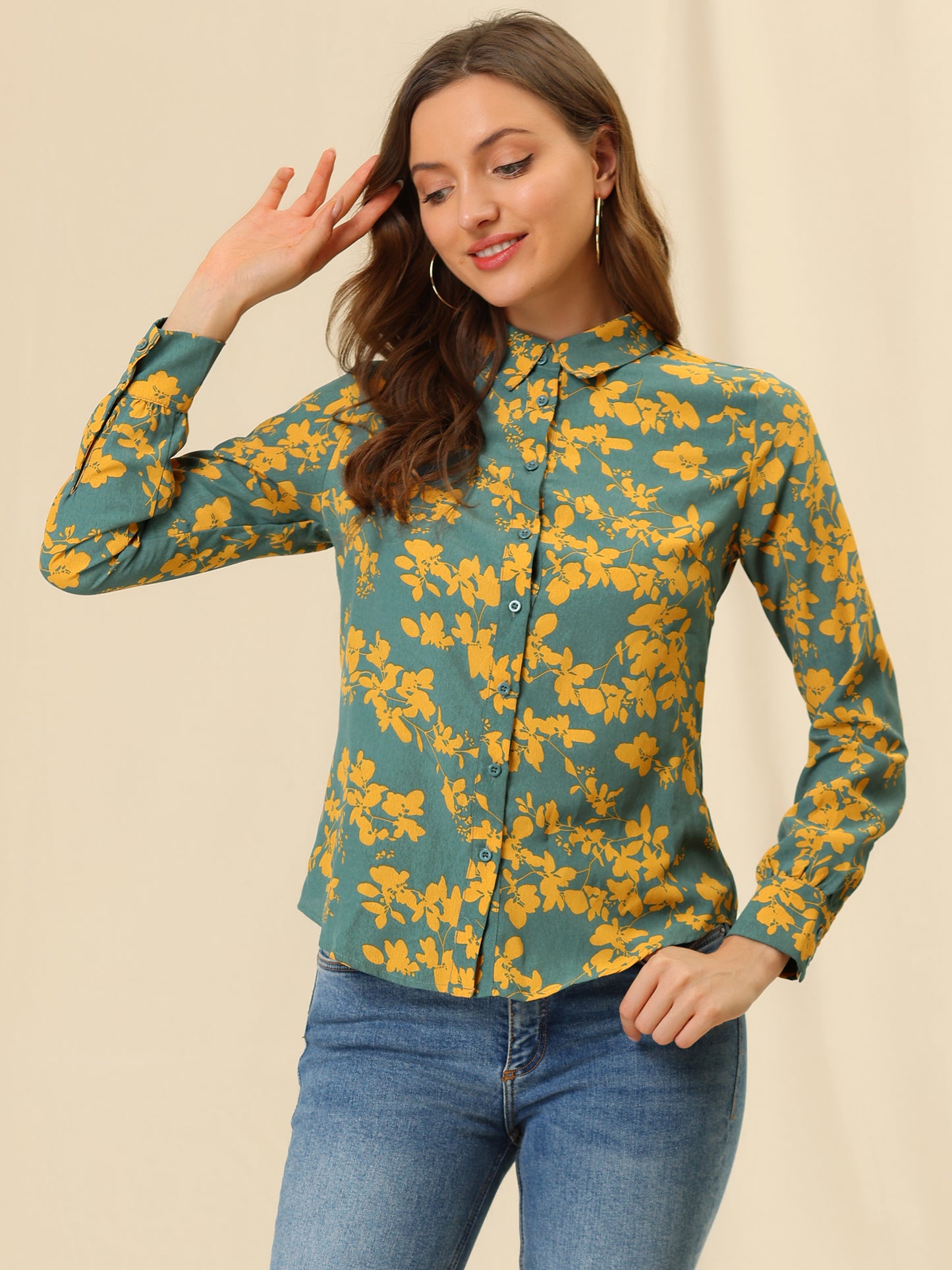Women's Floral Print Lapel Collar Long Sleeve Button Down Shirt