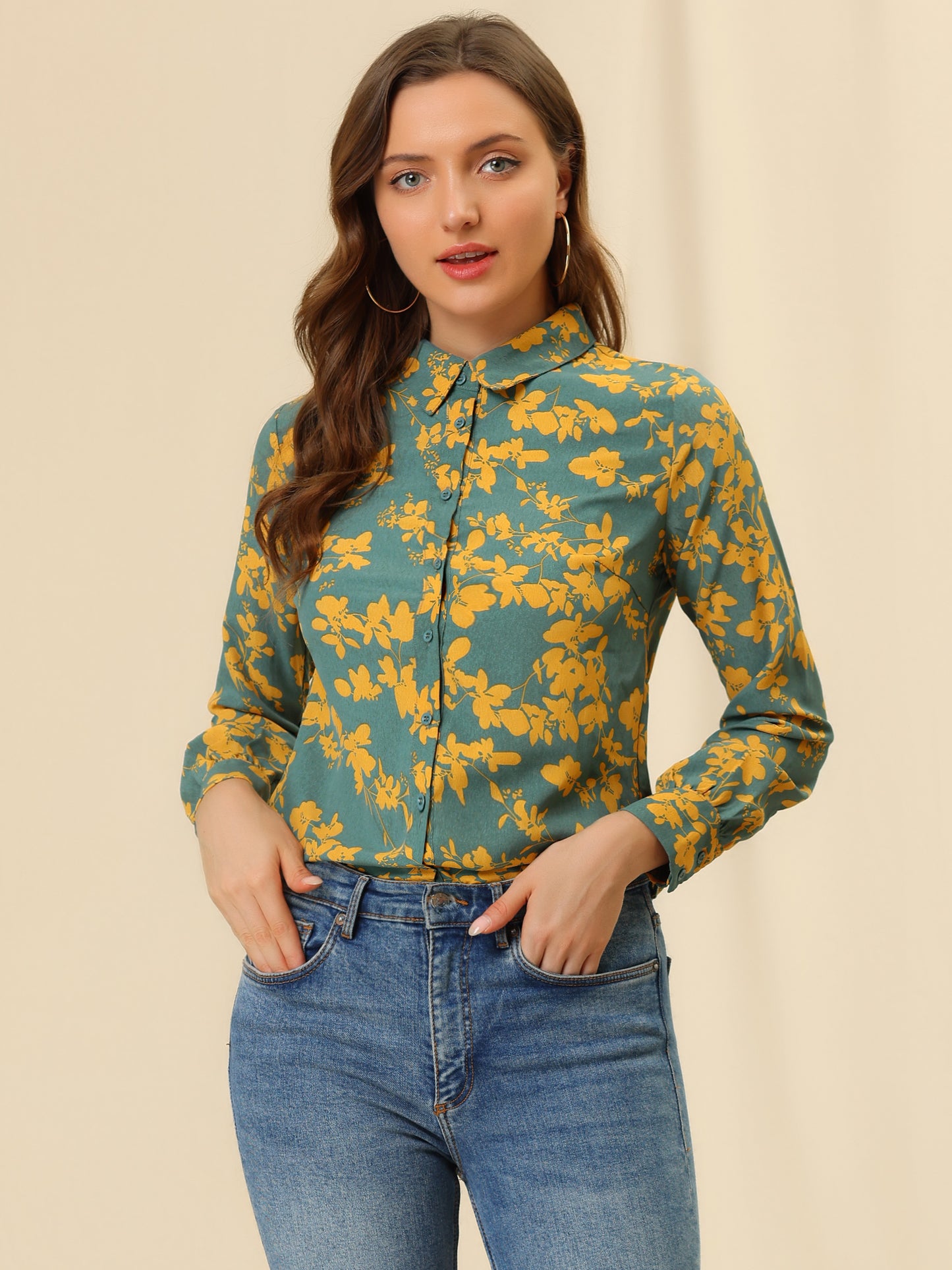 Women's Floral Print Lapel Collar Long Sleeve Button Down Shirt