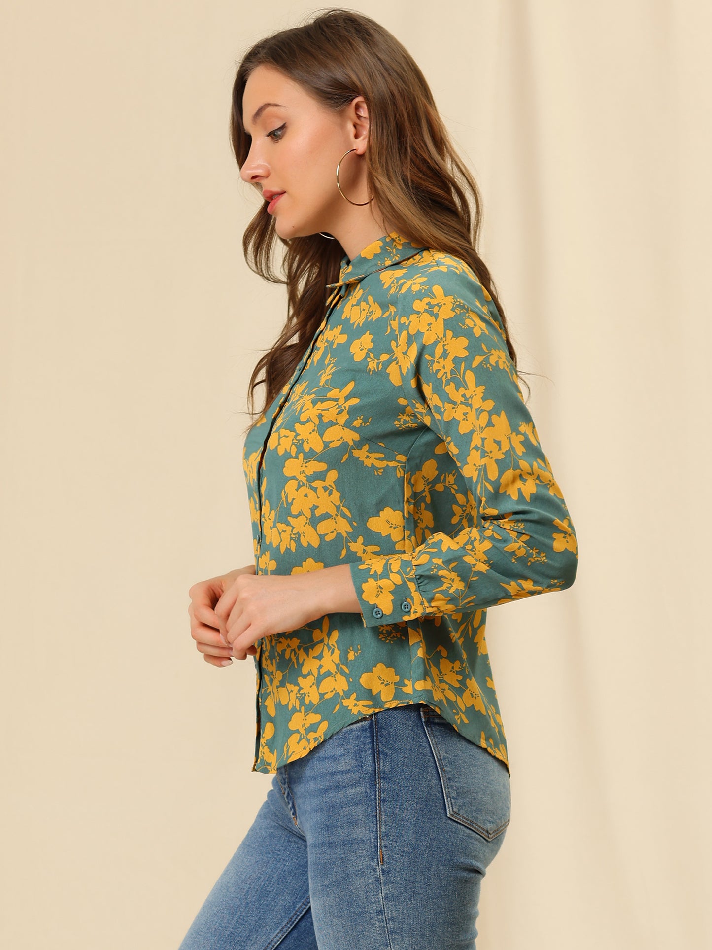Women's Floral Print Lapel Collar Long Sleeve Button Down Shirt