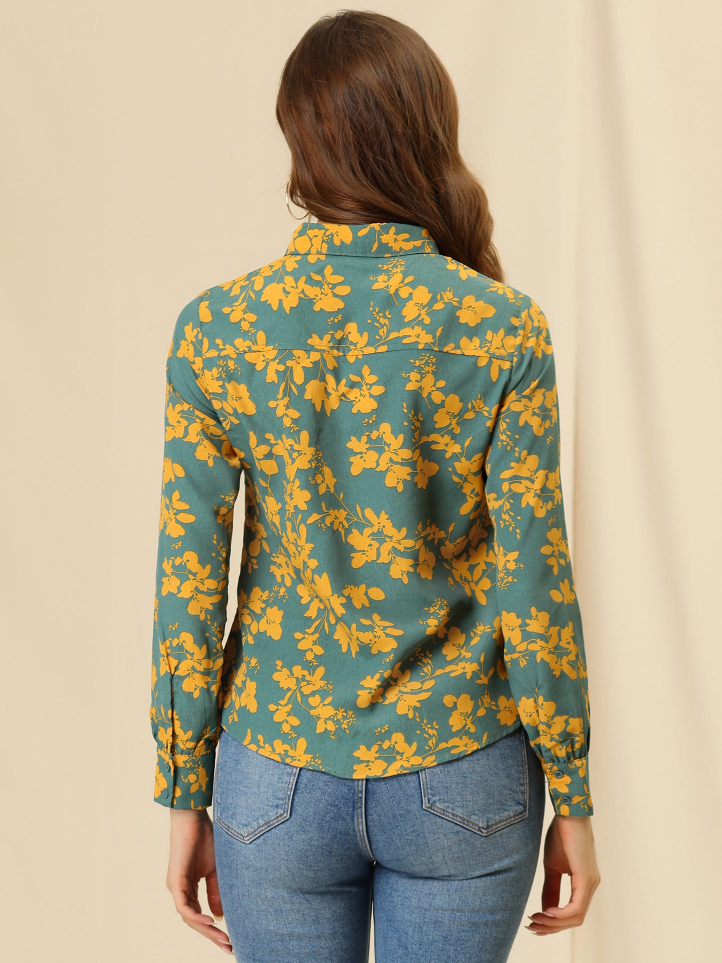 Women's Floral Print Lapel Collar Long Sleeve Button Down Shirt