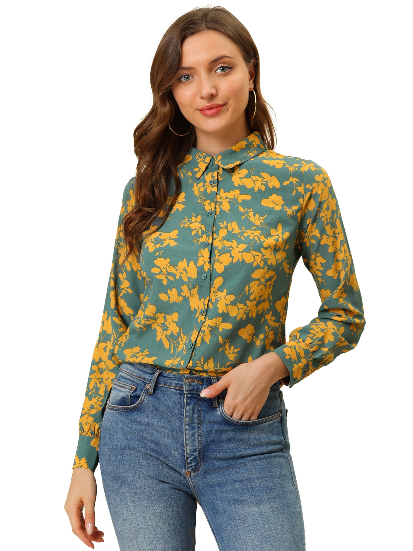 Women's Floral Print Lapel Collar Long Sleeve Button Down Shirt