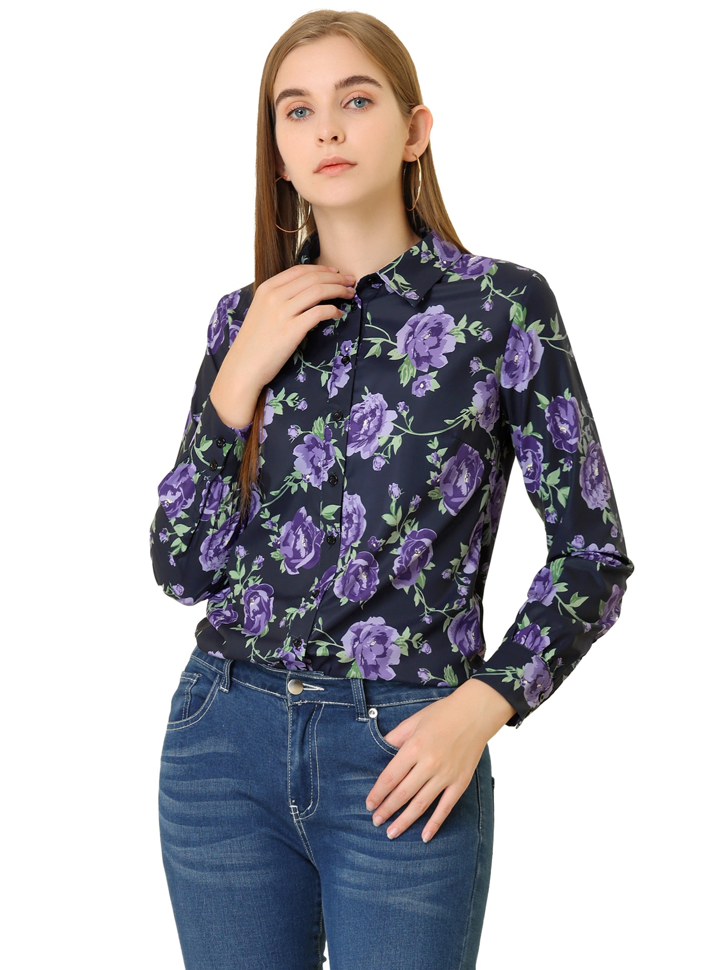 Women's Floral Print Lapel Collar Long Sleeve Button Down Shirt