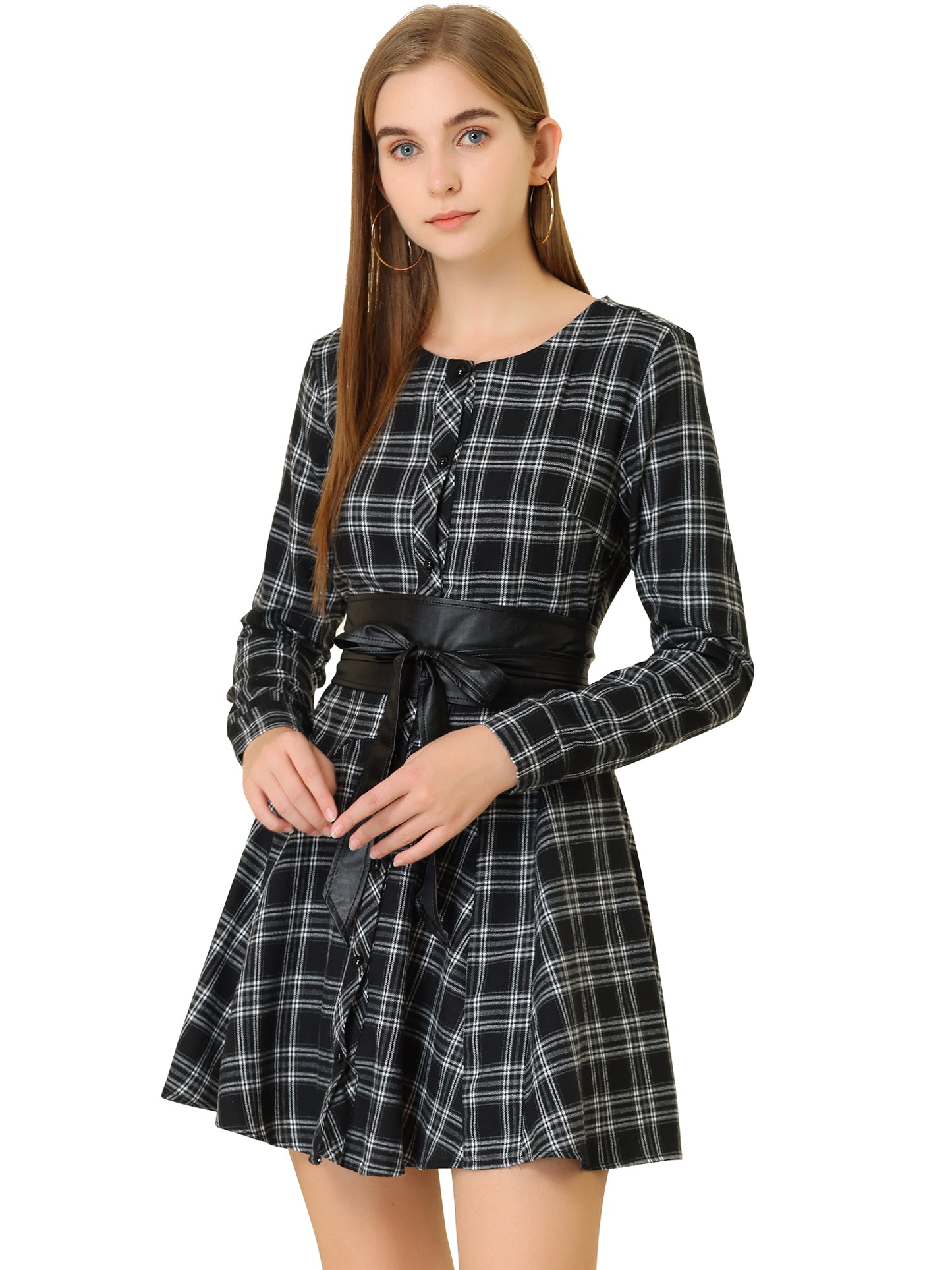 Women's Plaid Long Sleeve Button Down Belted Mini Shirtdress