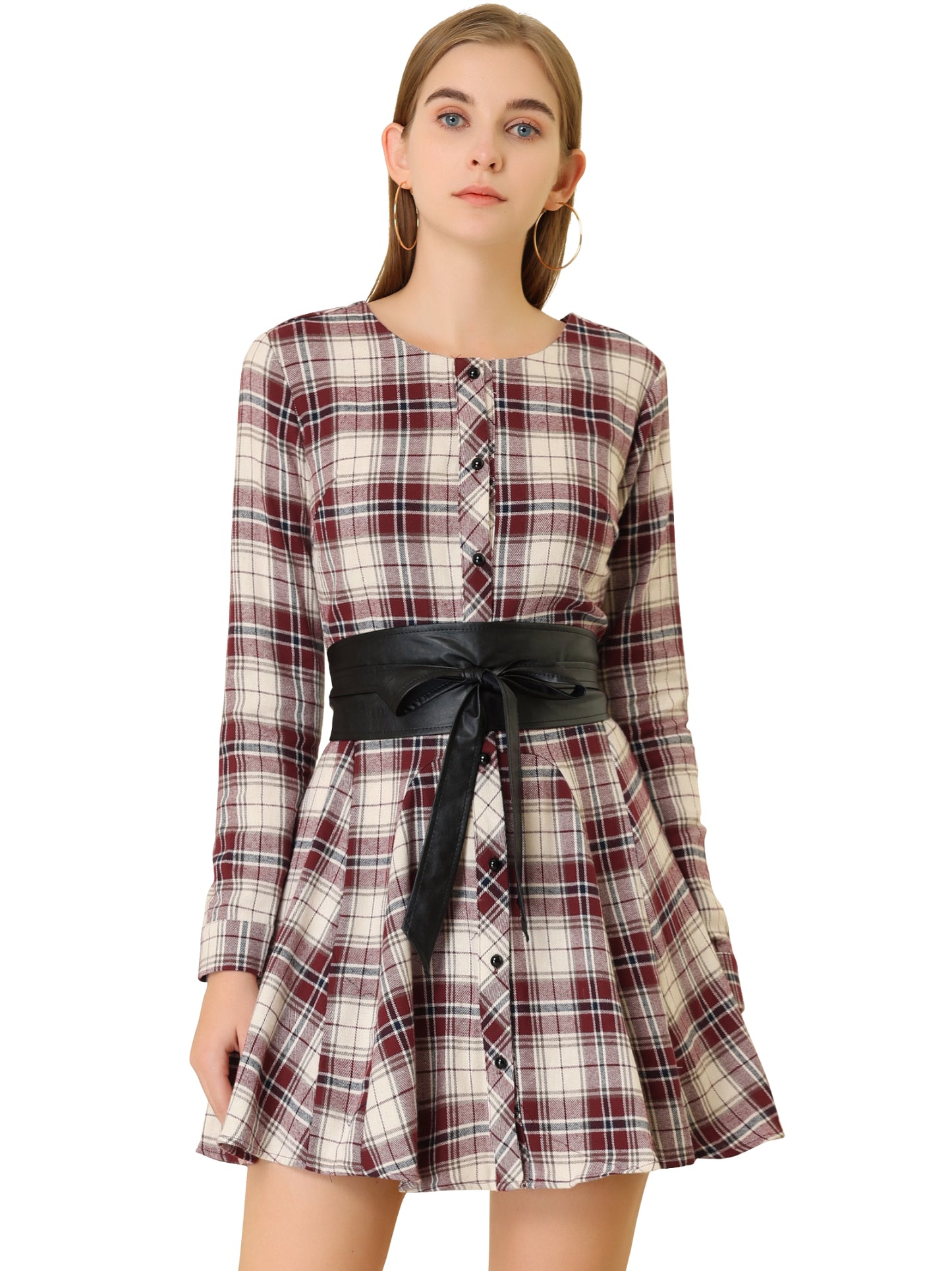 Women's Plaid Long Sleeve Button Down Belted Mini Shirtdress