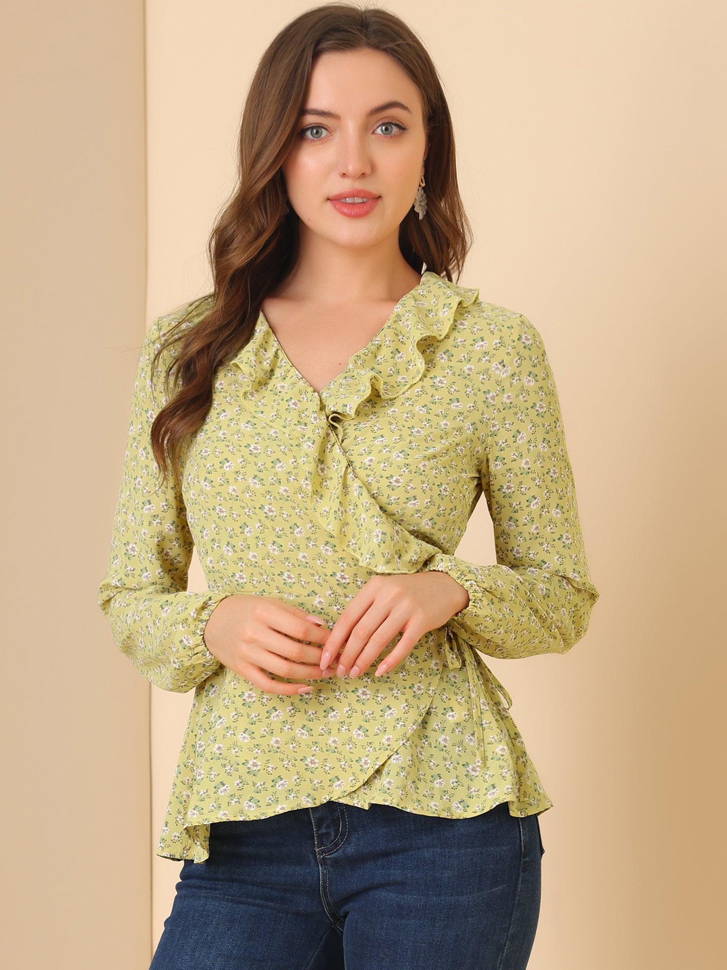 Women's Floral V Neck Wrap Top Long Sleeve Tie Waist Ruffle Peplum Blouse
