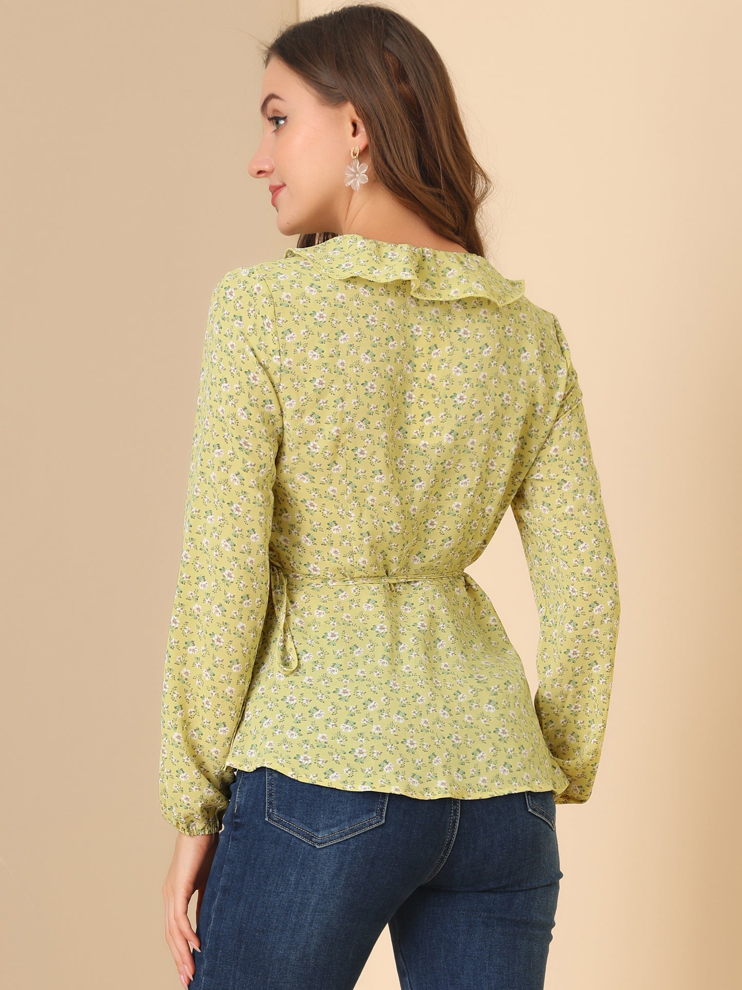 Women's Floral V Neck Wrap Top Long Sleeve Tie Waist Ruffle Peplum Blouse