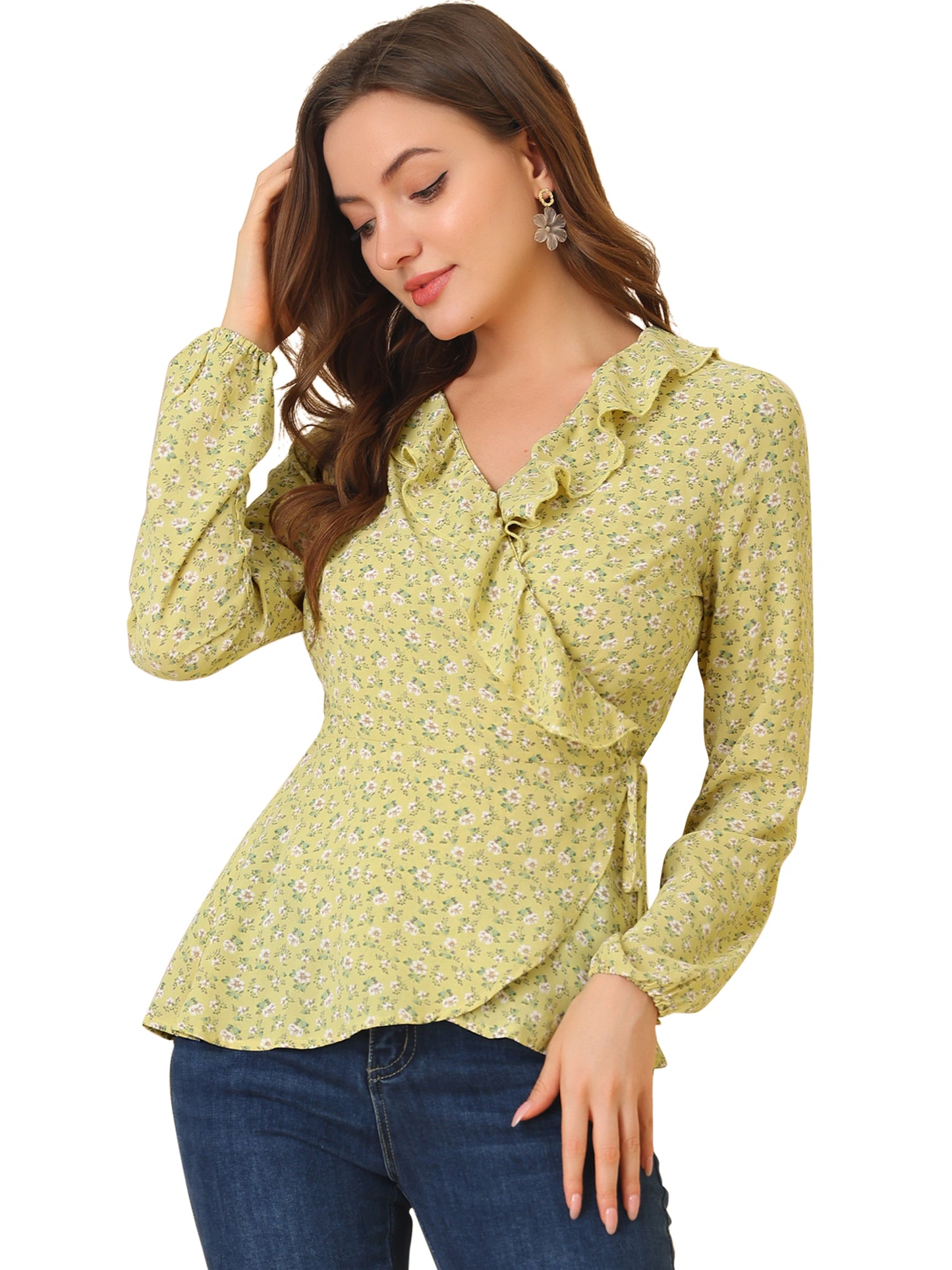 Women's Floral V Neck Wrap Top Long Sleeve Tie Waist Ruffle Peplum Blouse
