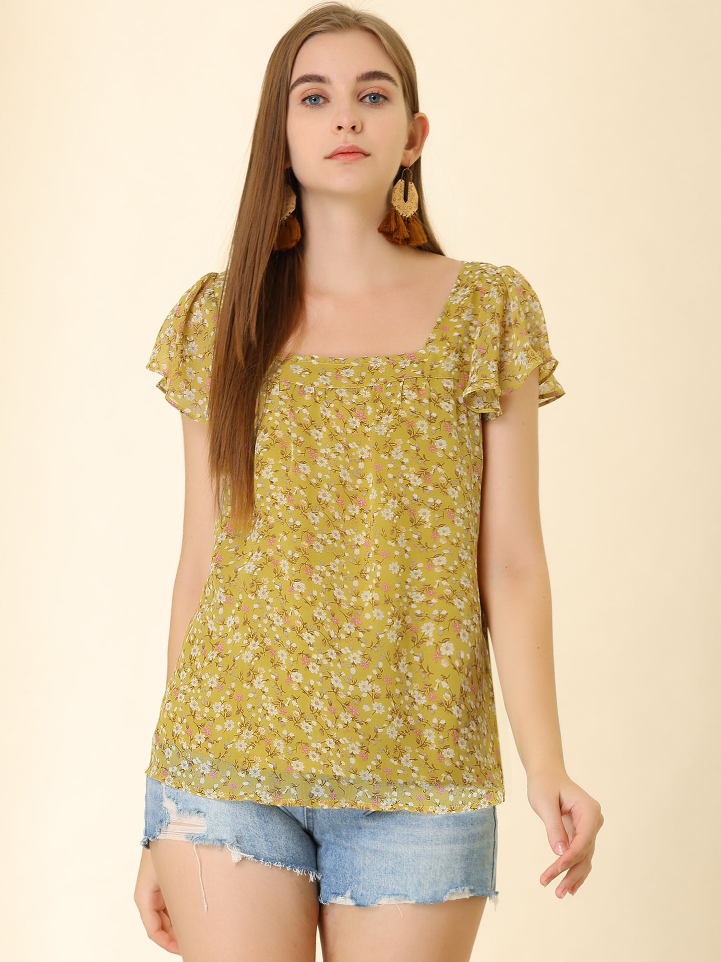 Women's Floral Blouse Summer Casual Square Neck Chiffon Short Sleeve Ruffle Top