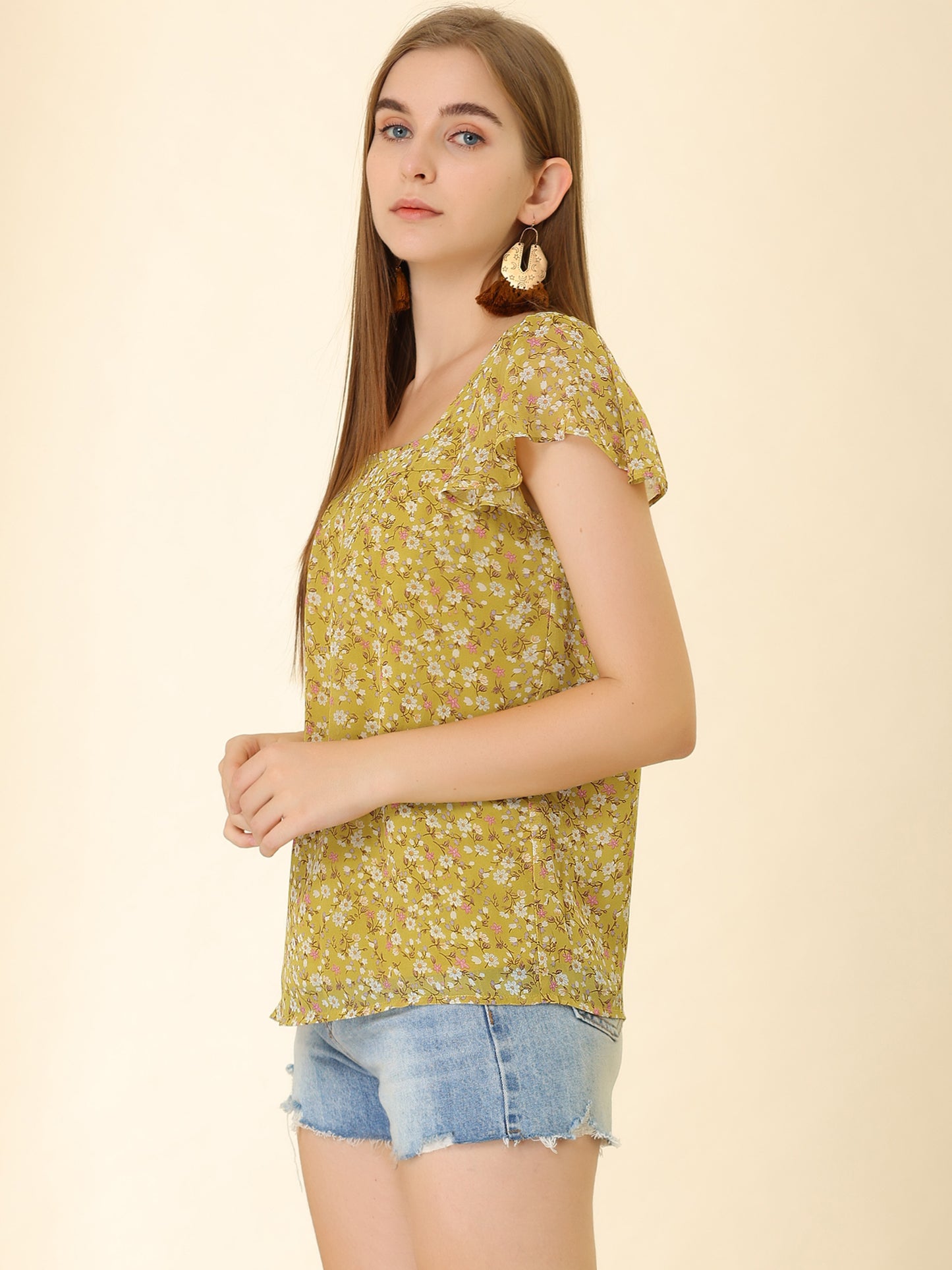 Women's Floral Blouse Summer Casual Square Neck Chiffon Short Sleeve Ruffle Top
