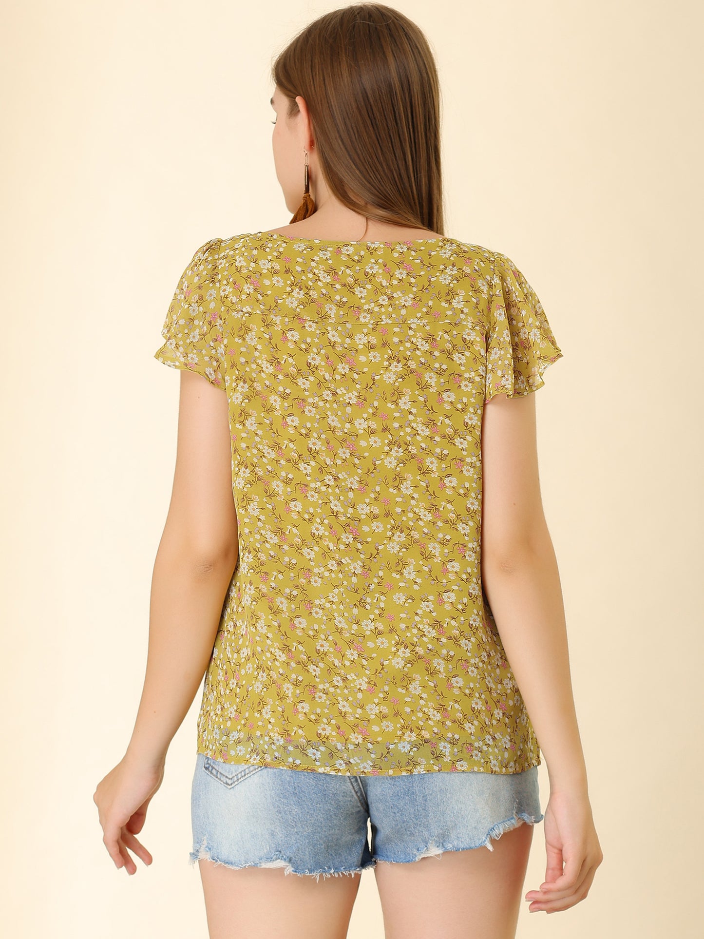Women's Floral Blouse Summer Casual Square Neck Chiffon Short Sleeve Ruffle Top