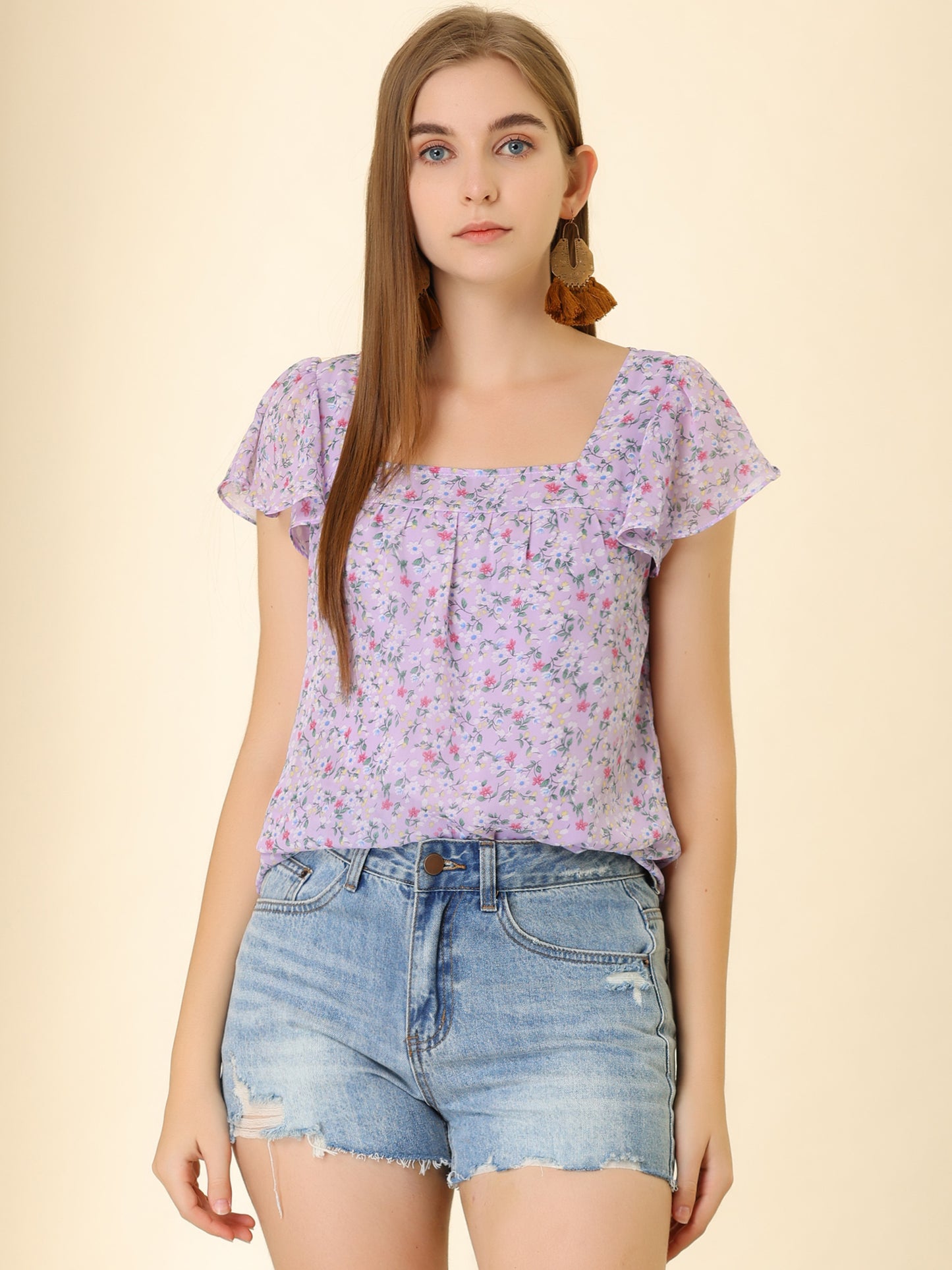 Women's Floral Blouse Summer Casual Square Neck Chiffon Short Sleeve Ruffle Top (Available in Plus Size)