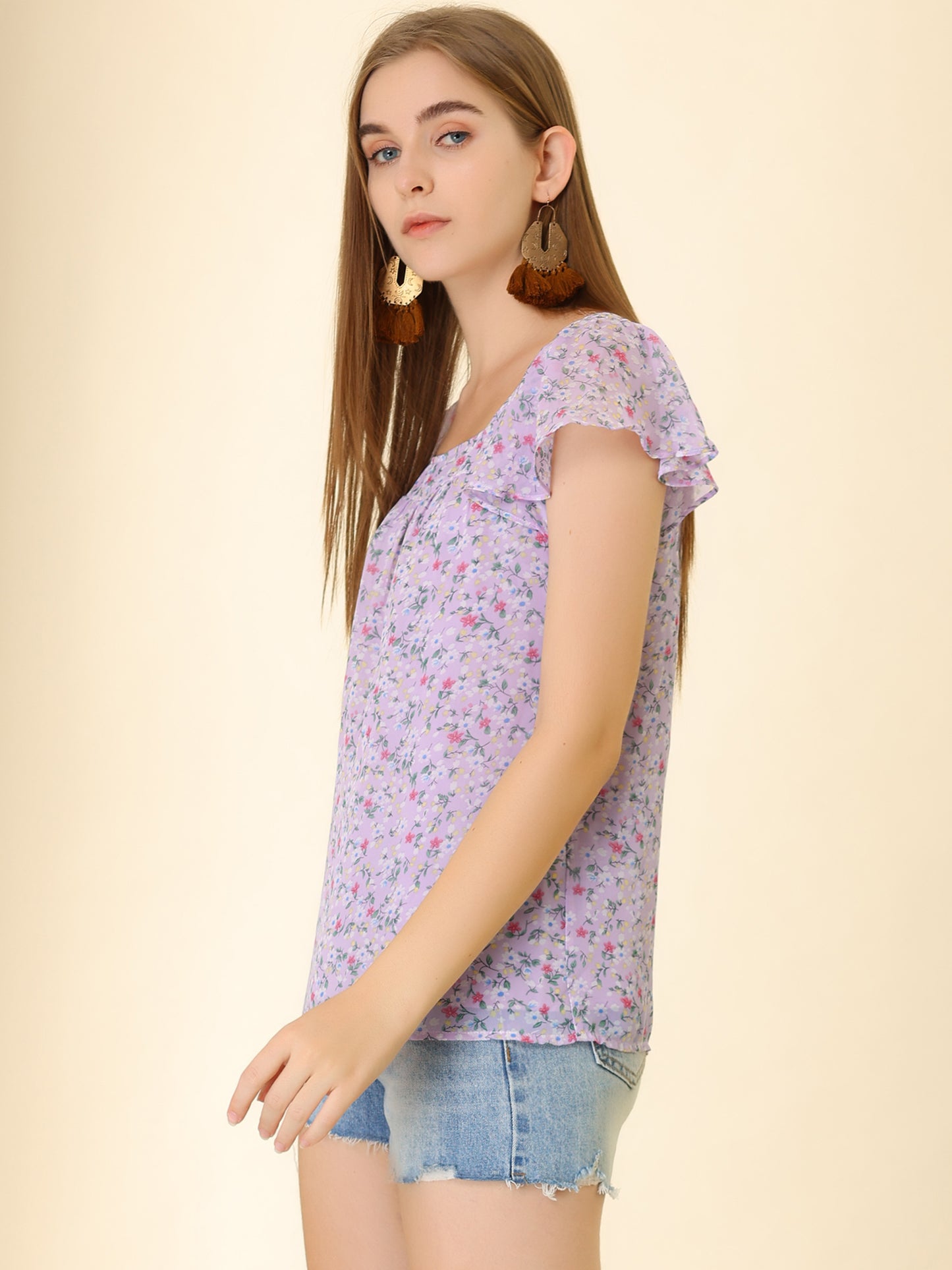 Women's Floral Blouse Summer Casual Square Neck Chiffon Short Sleeve Ruffle Top (Available in Plus Size)