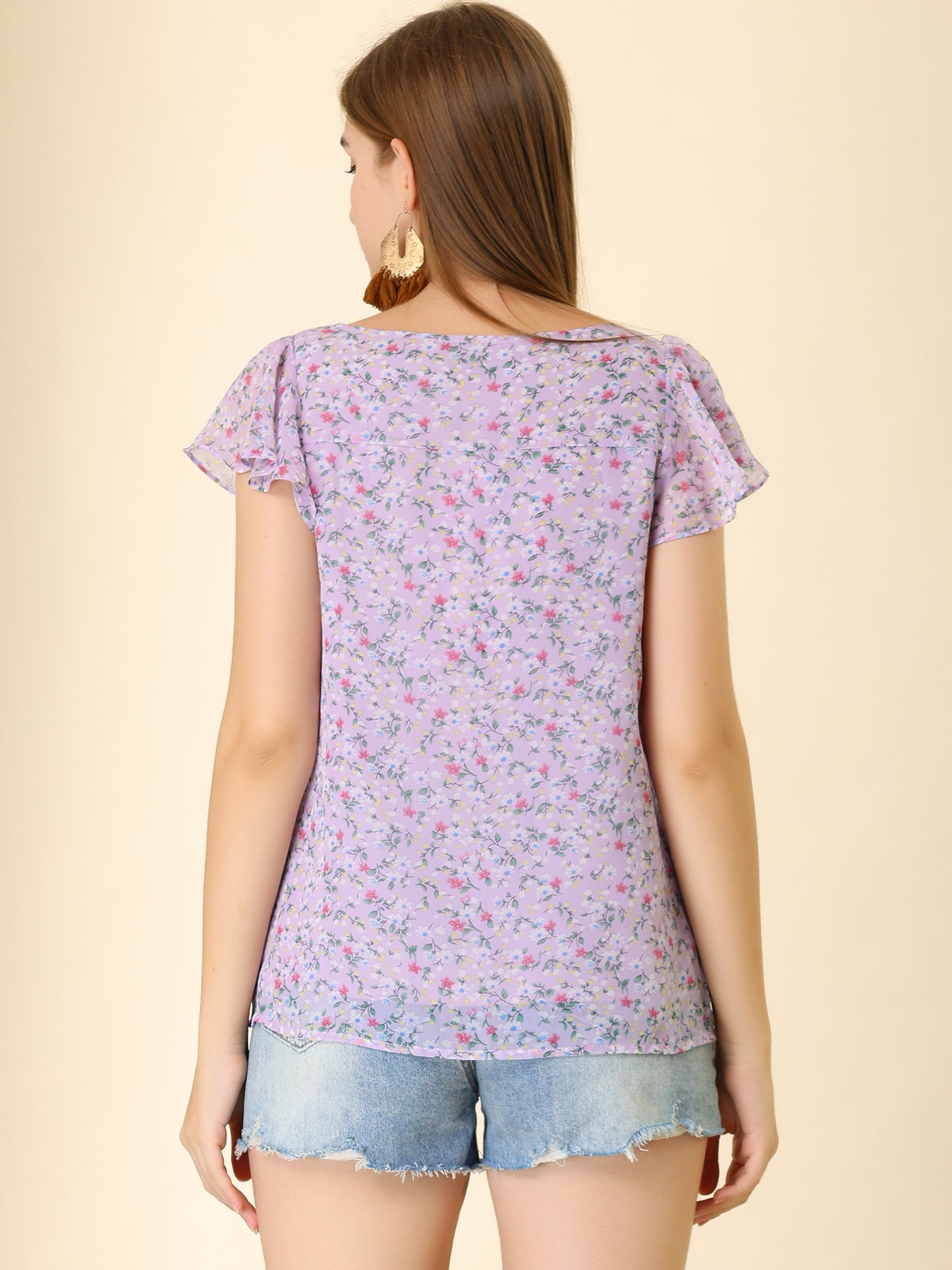 Women's Floral Blouse Summer Casual Square Neck Chiffon Short Sleeve Ruffle Top (Available in Plus Size)