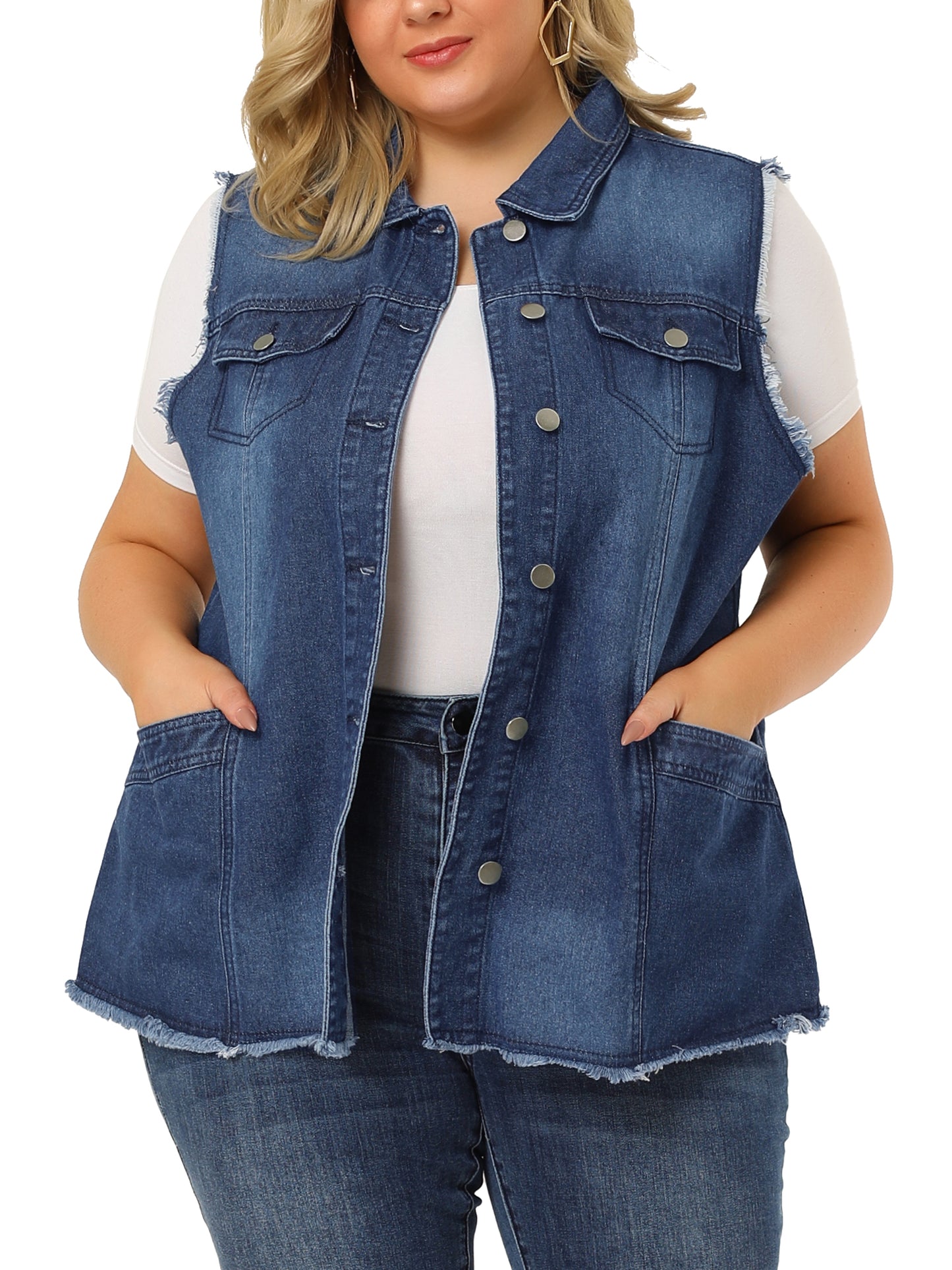Chaqueta vaquera de talla grande para mujer, con botones, solapa delantera, deshilachada, lavada, sin mangas, chaleco vaquero largo