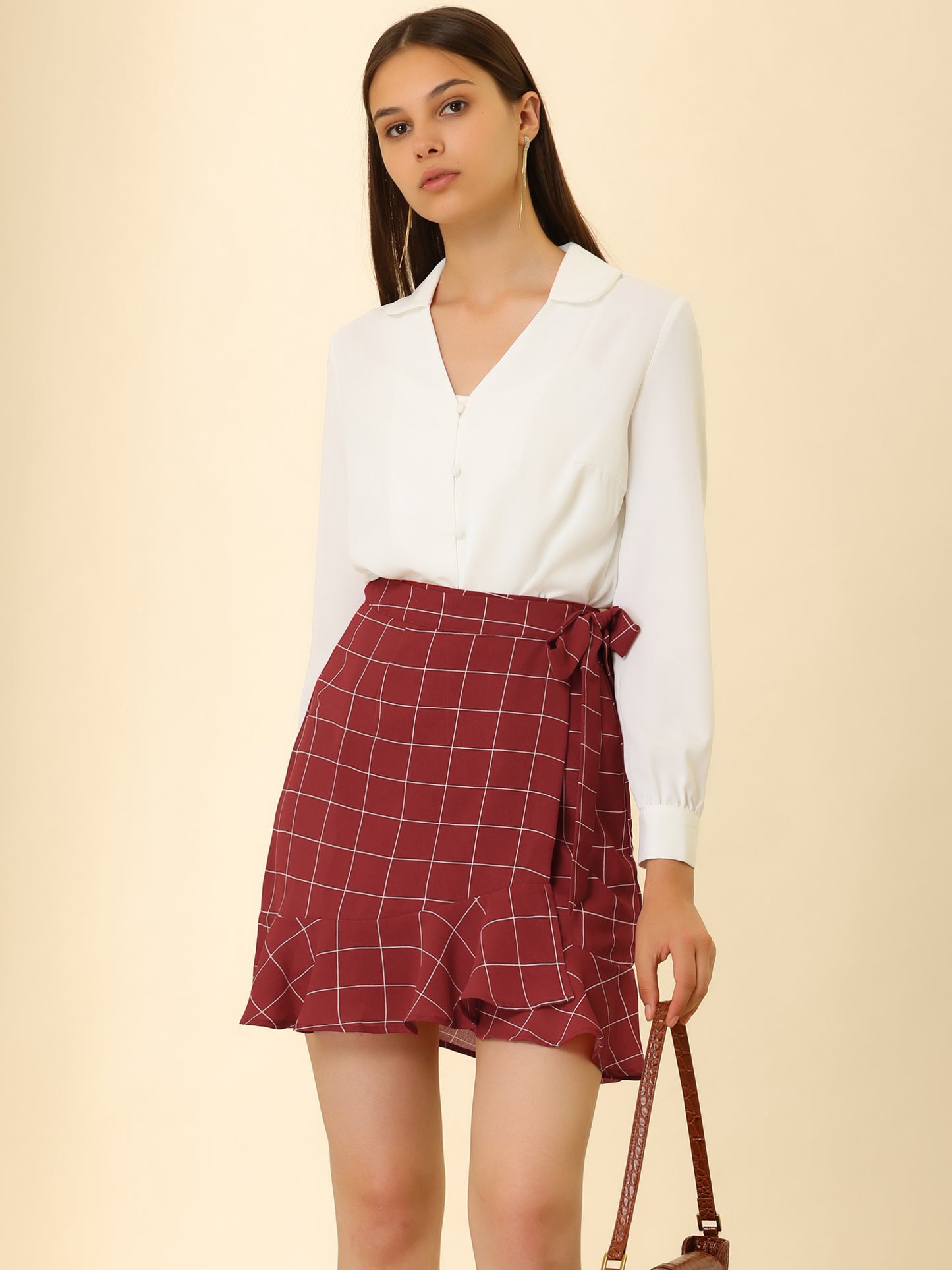 Women's Wrap Self Tie Ruffle Hem Plaid Grid Mini Skirt