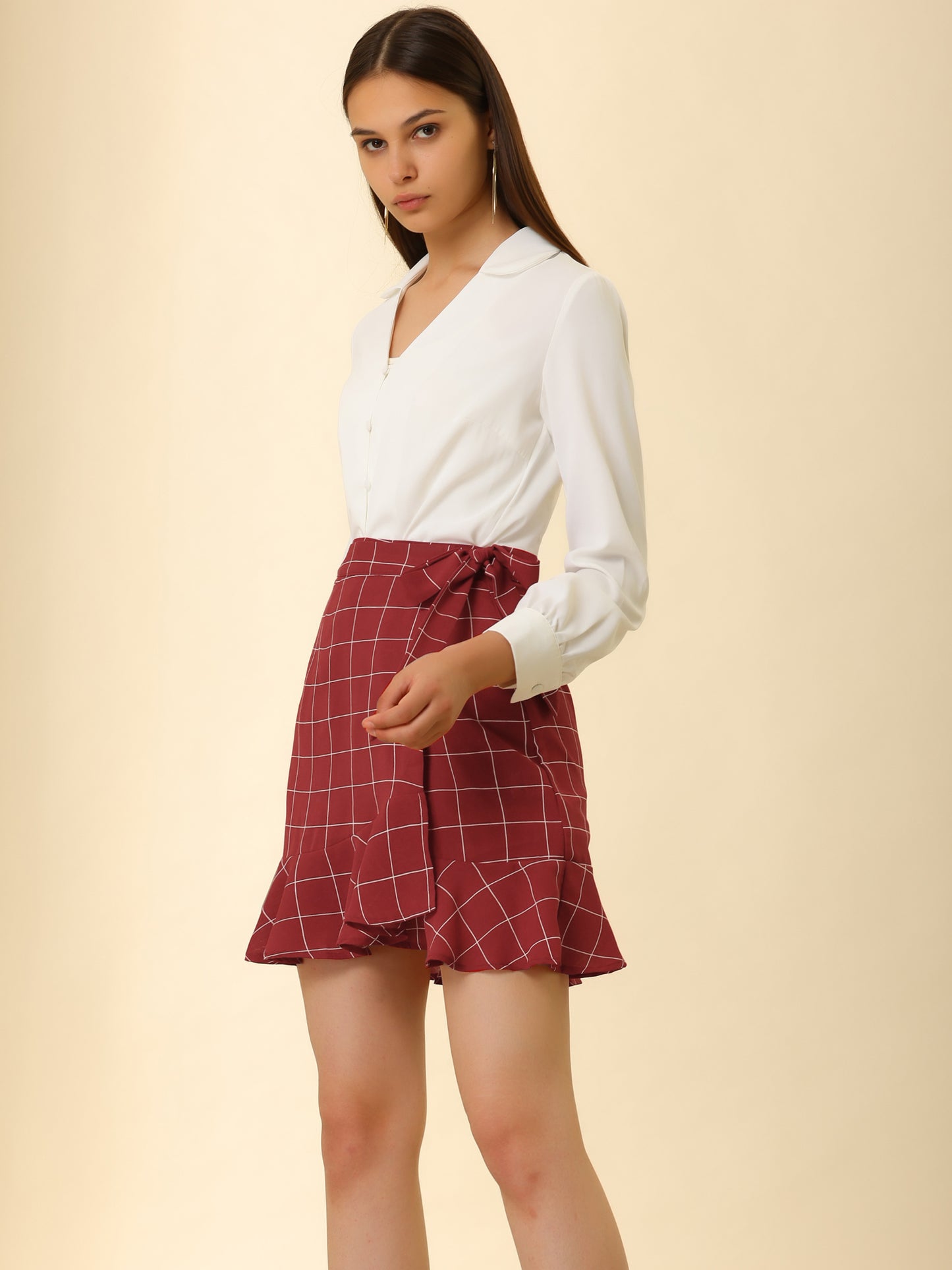 Women's Wrap Self Tie Ruffle Hem Plaid Grid Mini Skirt