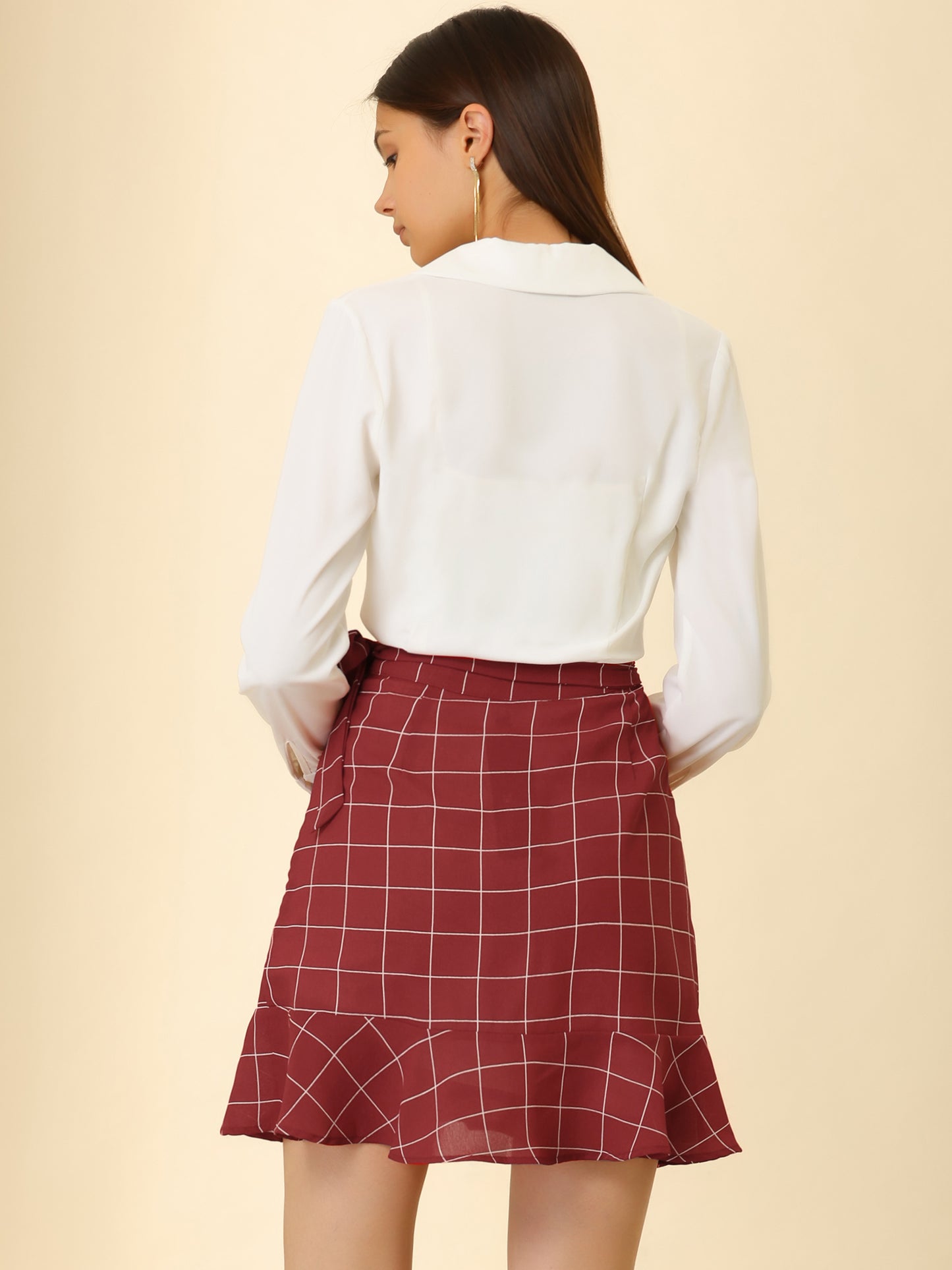 Women's Wrap Self Tie Ruffle Hem Plaid Grid Mini Skirt