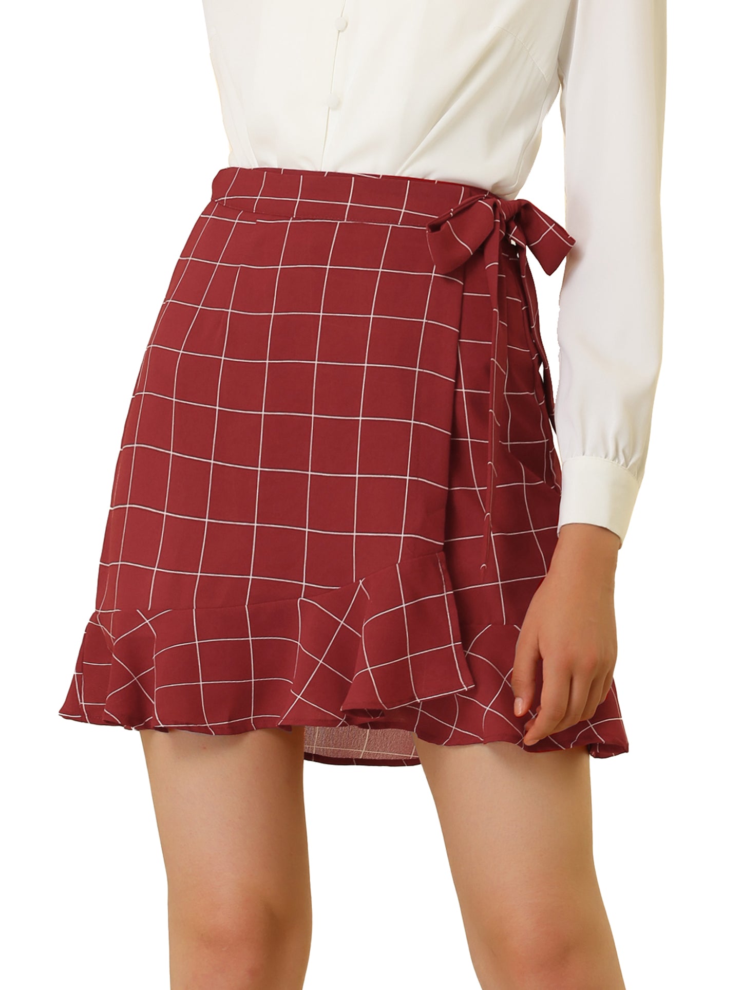 Women's Wrap Self Tie Ruffle Hem Plaid Grid Mini Skirt