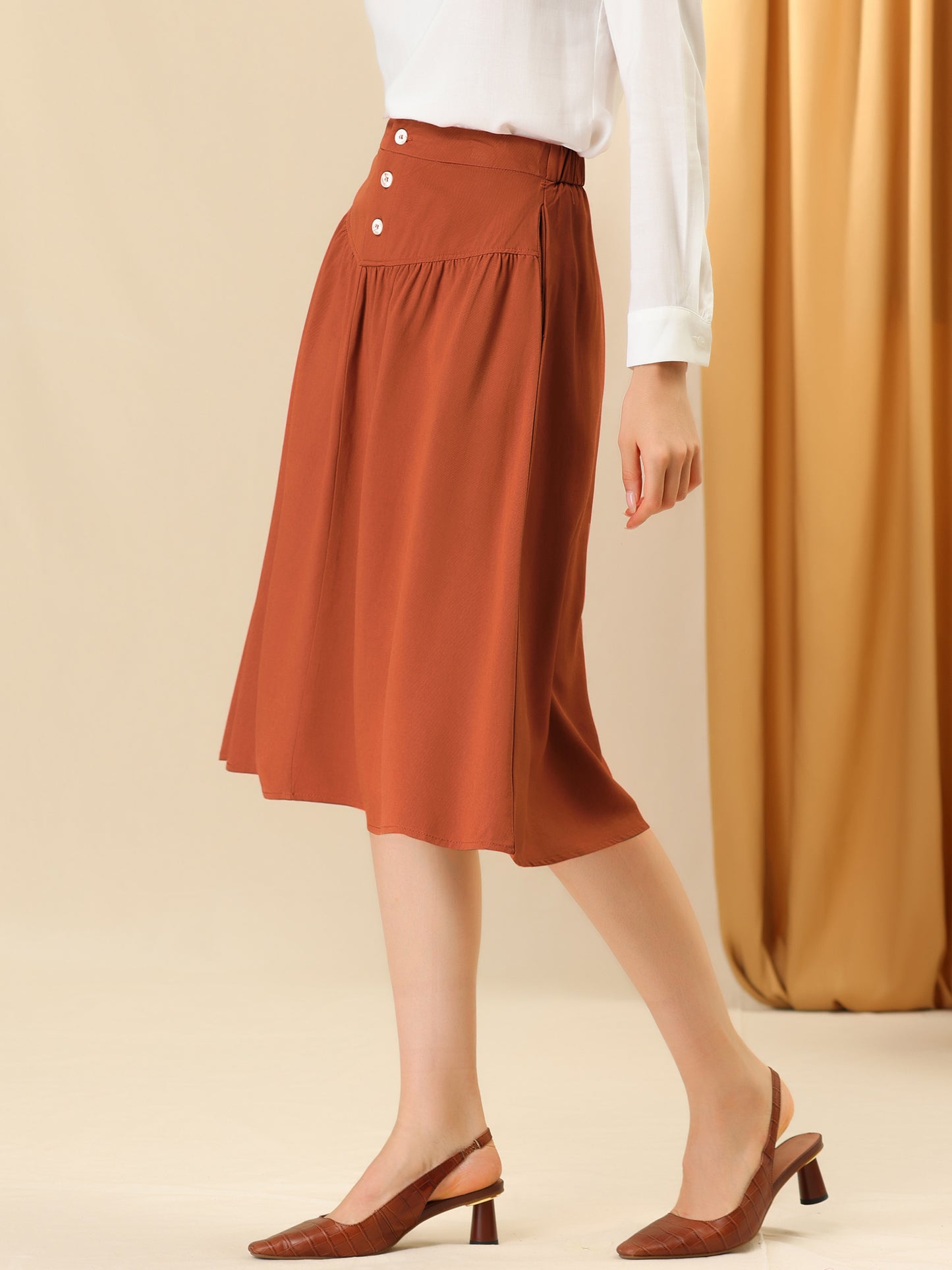Women's Work Pleated Button Front Elastic Back Elegant A-Line Skirt