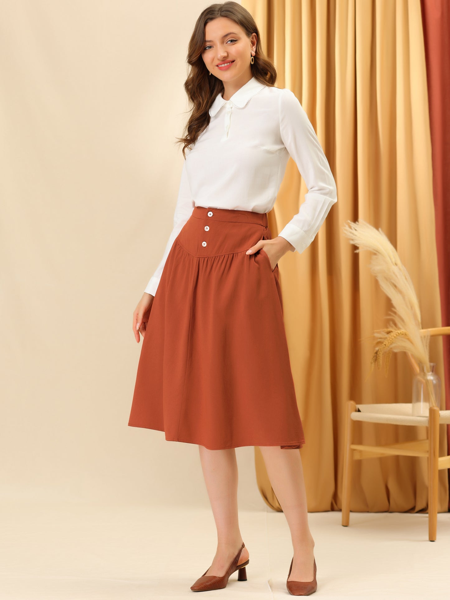 Women's Work Pleated Button Front Elastic Back Elegant A-Line Skirt