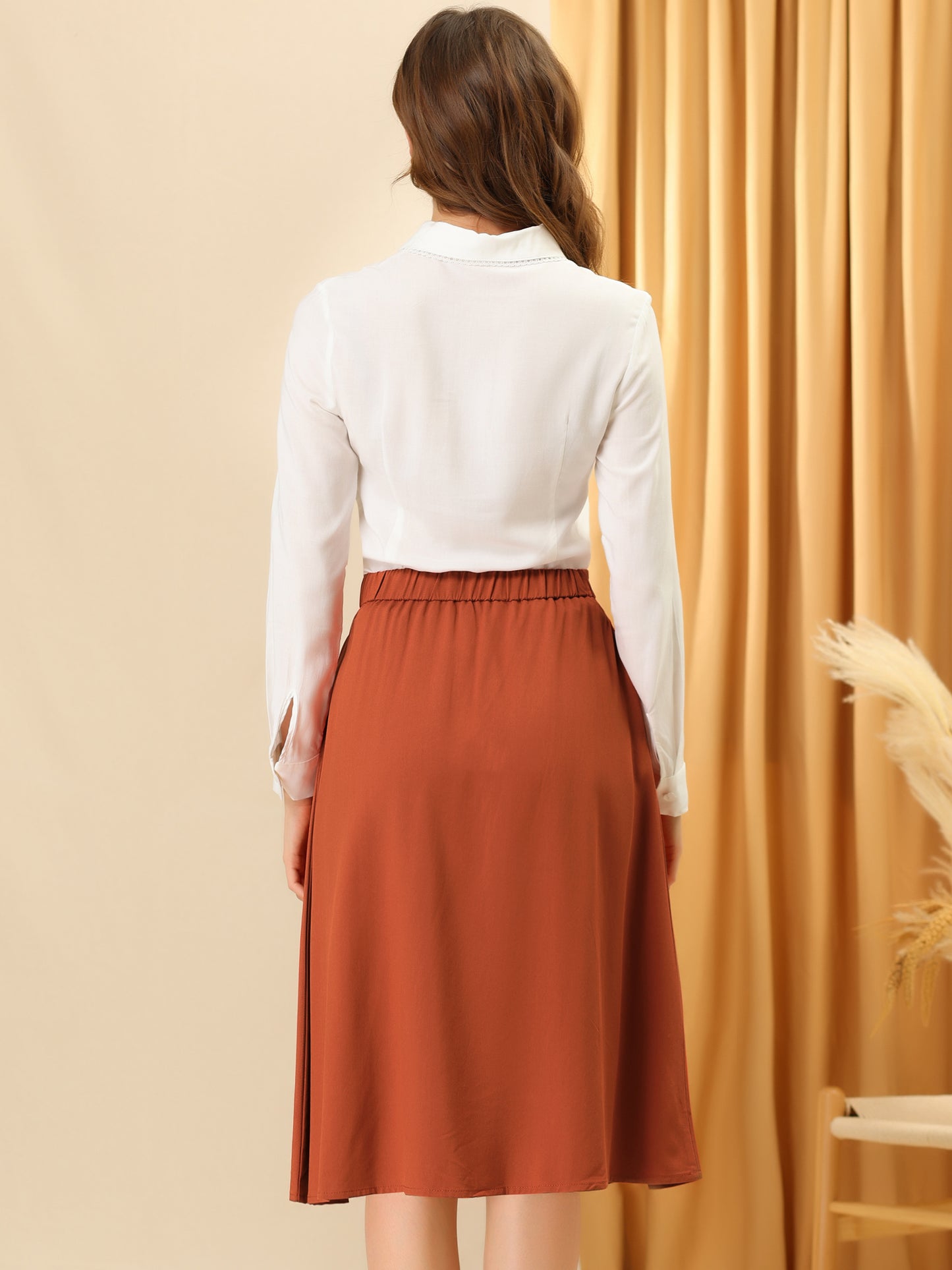 Women's Work Pleated Button Front Elastic Back Elegant A-Line Skirt