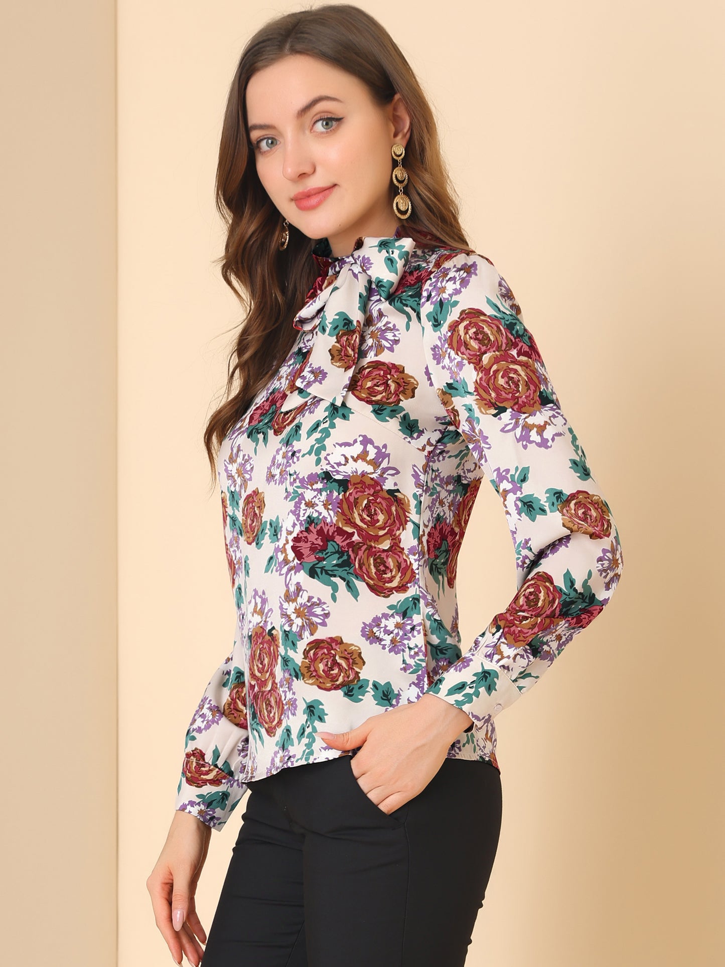 Women's Bow Tie Neck Puff Sleeve Floral Elegant Vintage Blouse Top