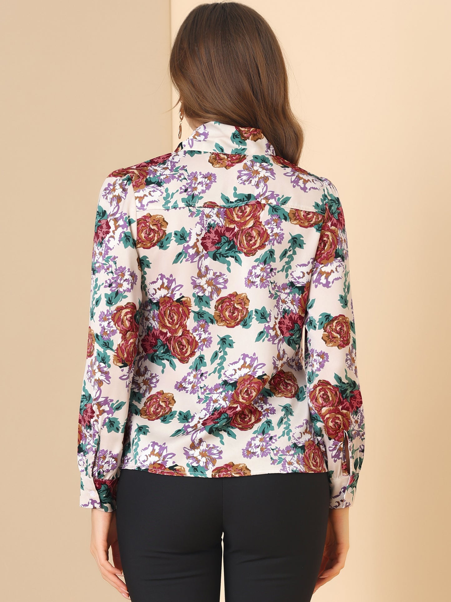 Women's Bow Tie Neck Puff Sleeve Floral Elegant Vintage Blouse Top