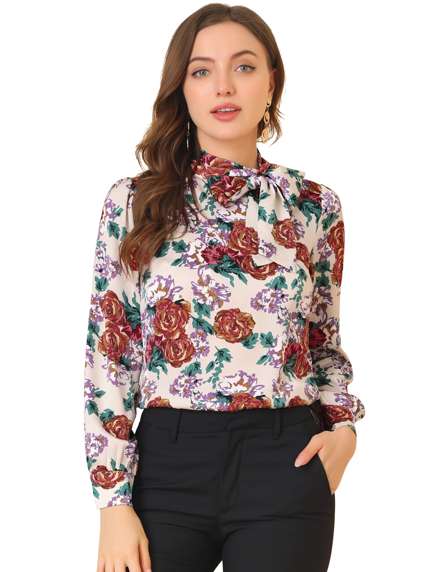 Women's Bow Tie Neck Puff Sleeve Floral Elegant Vintage Blouse Top