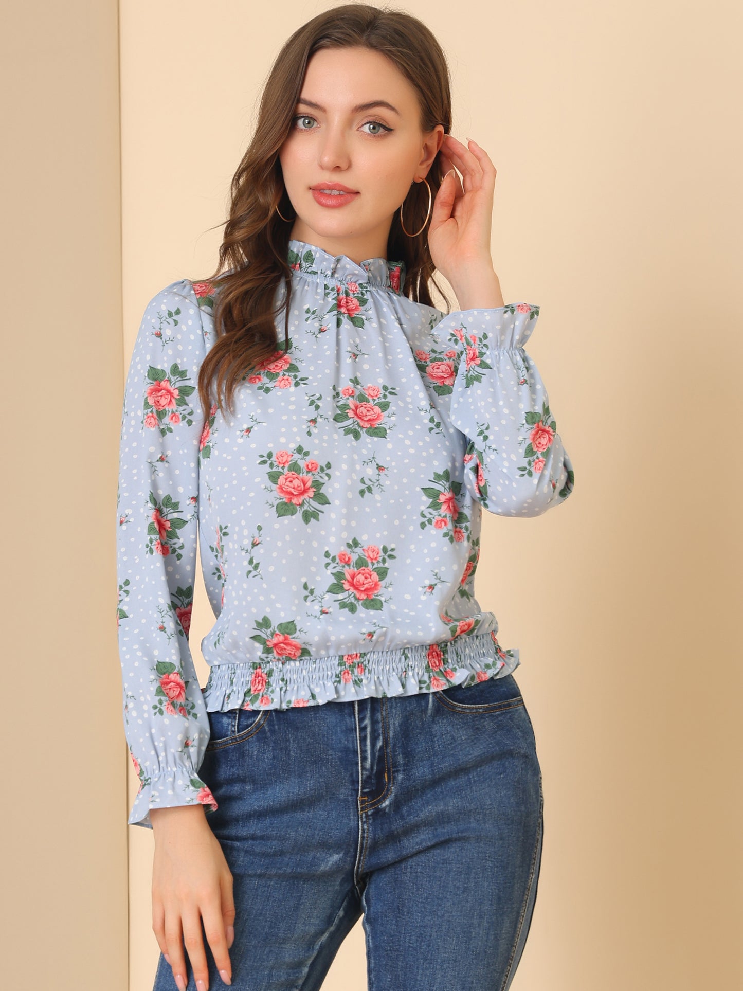 Women's Ruffled Floral Printed Vintage Collared Smocked Waist Blouse