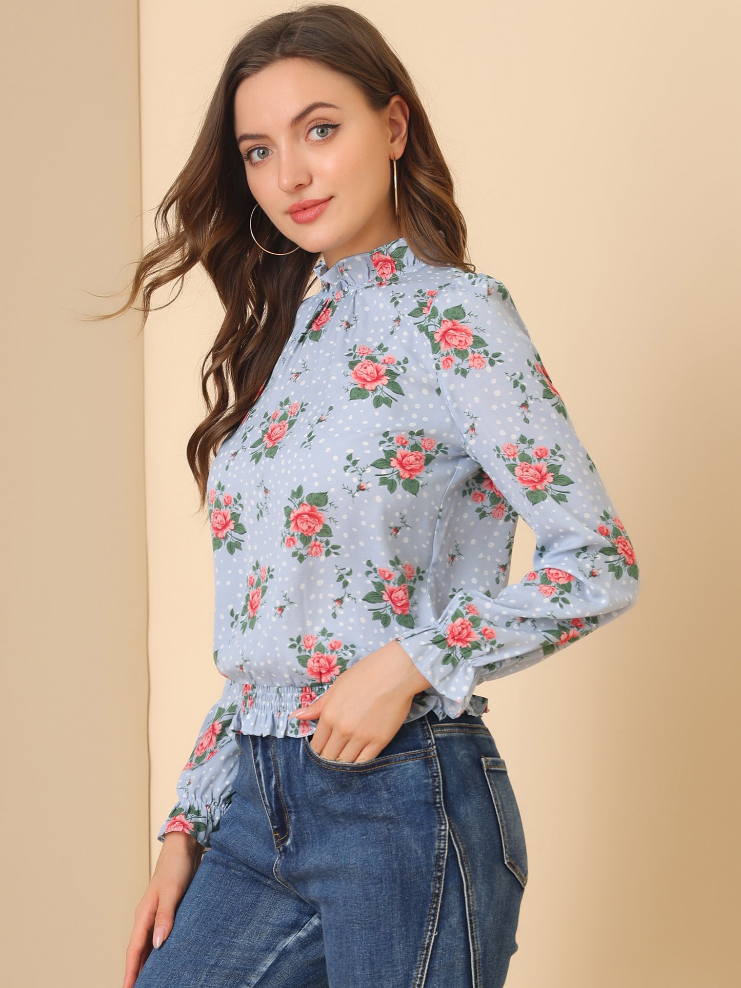 Women's Ruffled Floral Printed Vintage Collared Smocked Waist Blouse