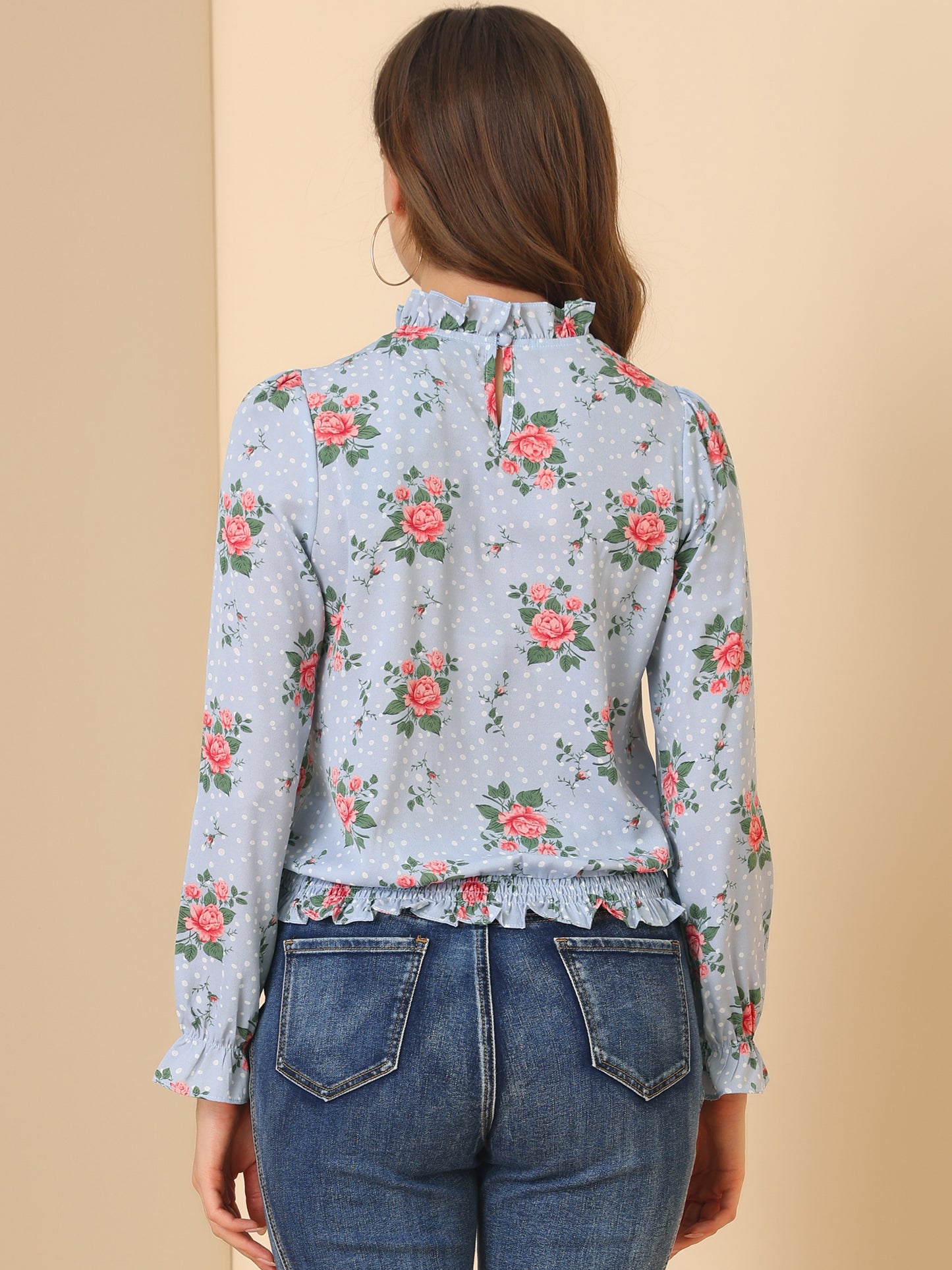 Women's Ruffled Floral Printed Vintage Collared Smocked Waist Blouse