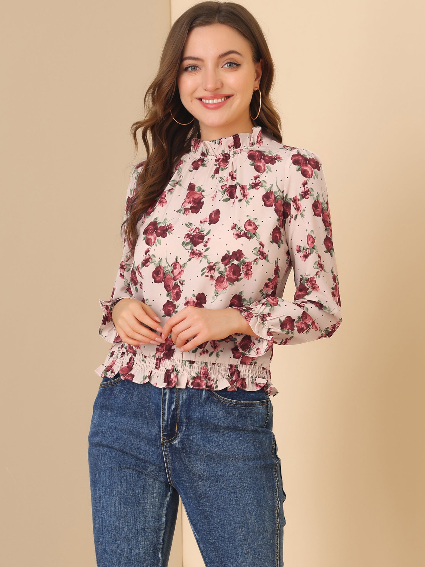Women's Ruffled Floral Printed Vintage Collared Smocked Waist Blouse