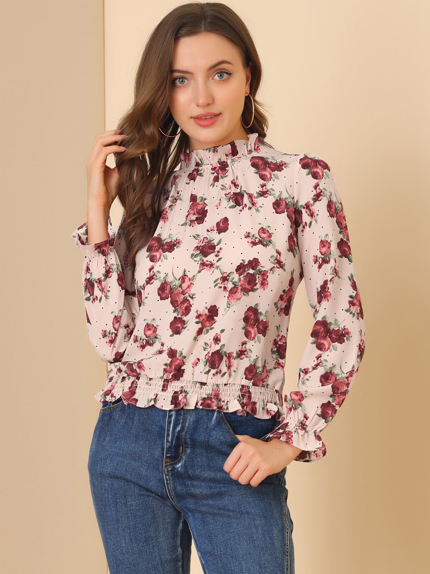 Women's Ruffled Floral Printed Vintage Collared Smocked Waist Blouse